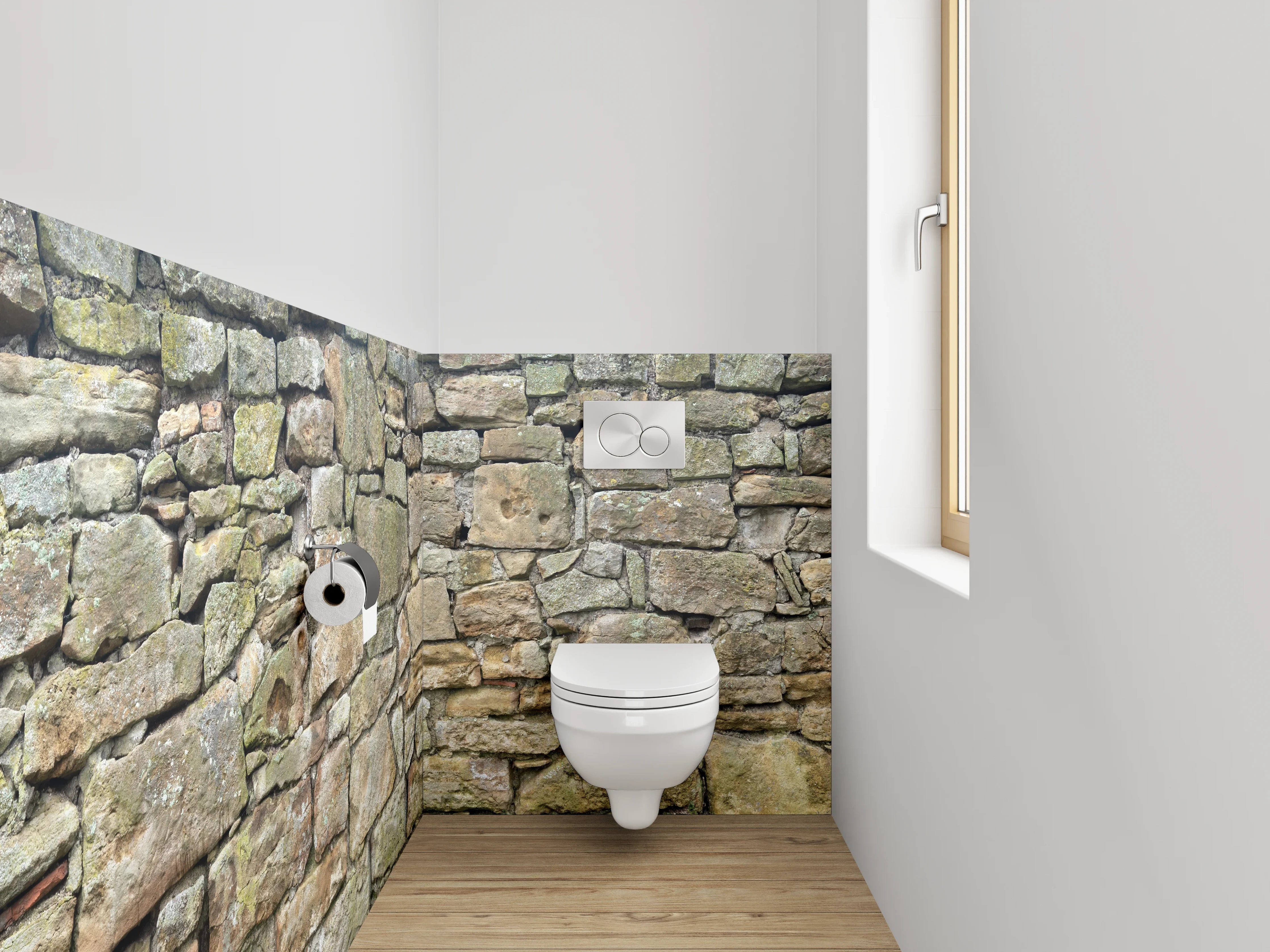 WC-Rückwand - Rustikale Steinmauer Braun-Grau mit Weißakzenten