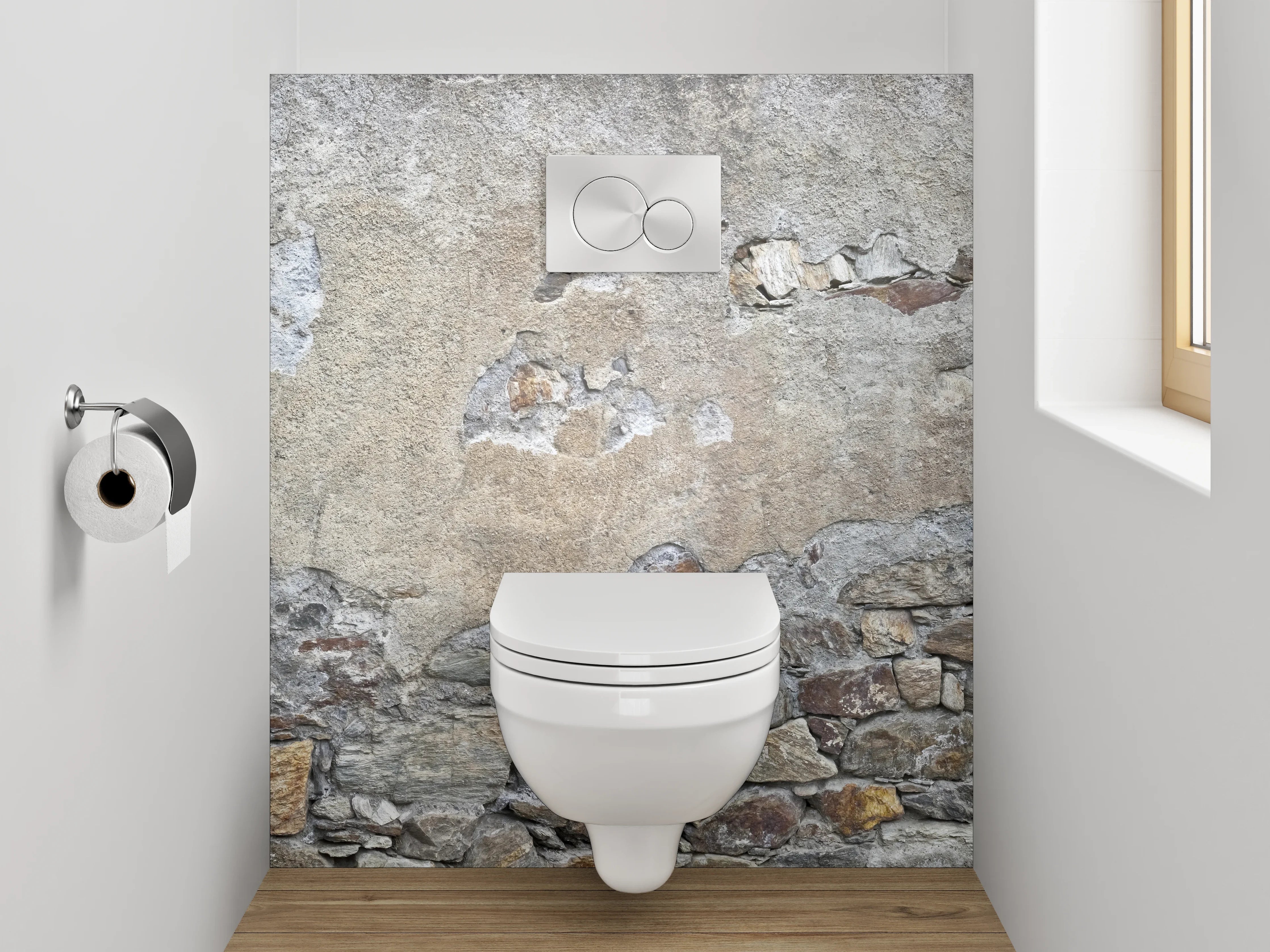 WC-Rückwand - Rustikale Steinwand in Grau-Beige