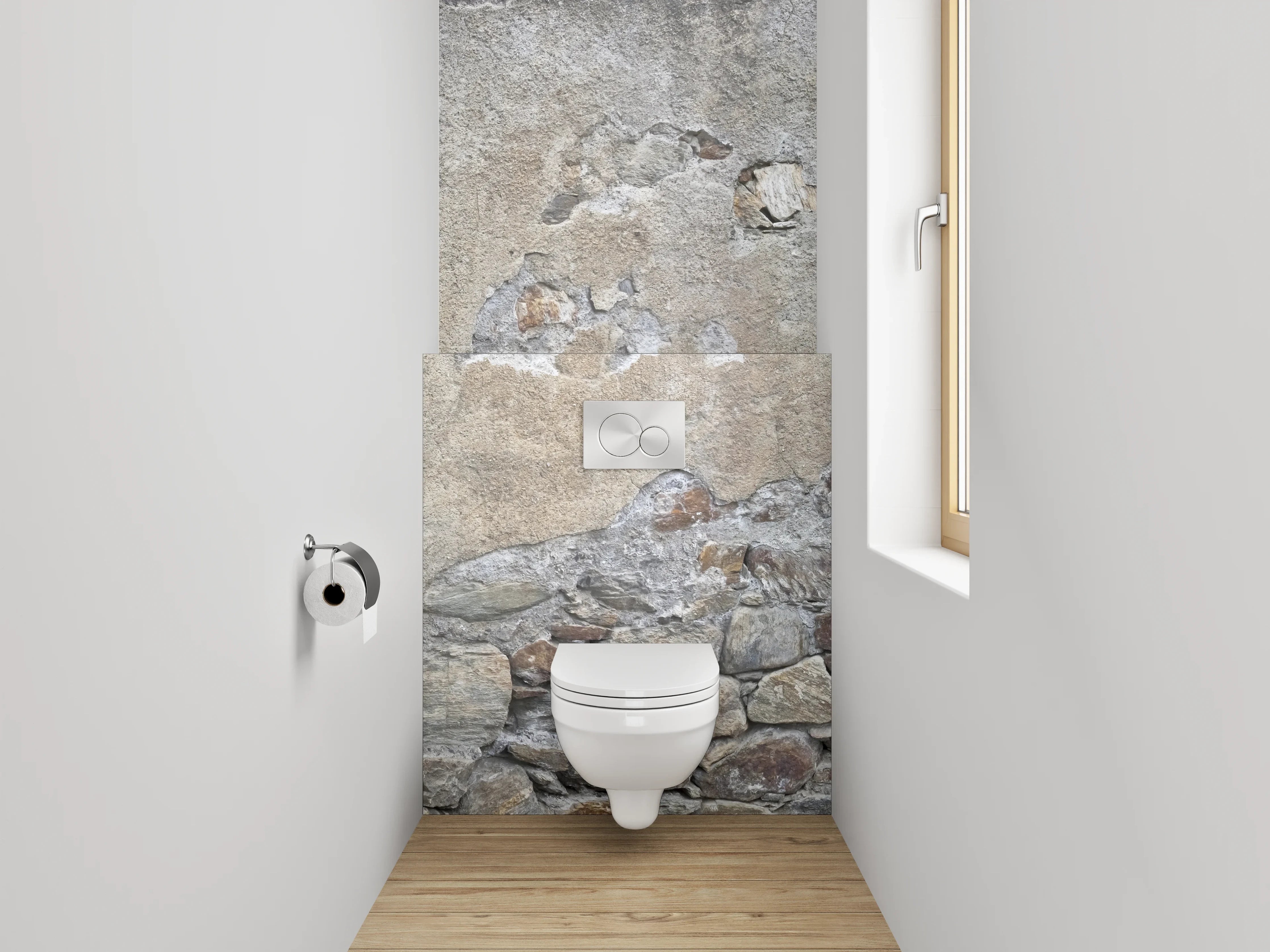 WC-Rückwand - Rustikale Steinwand in Grau-Beige