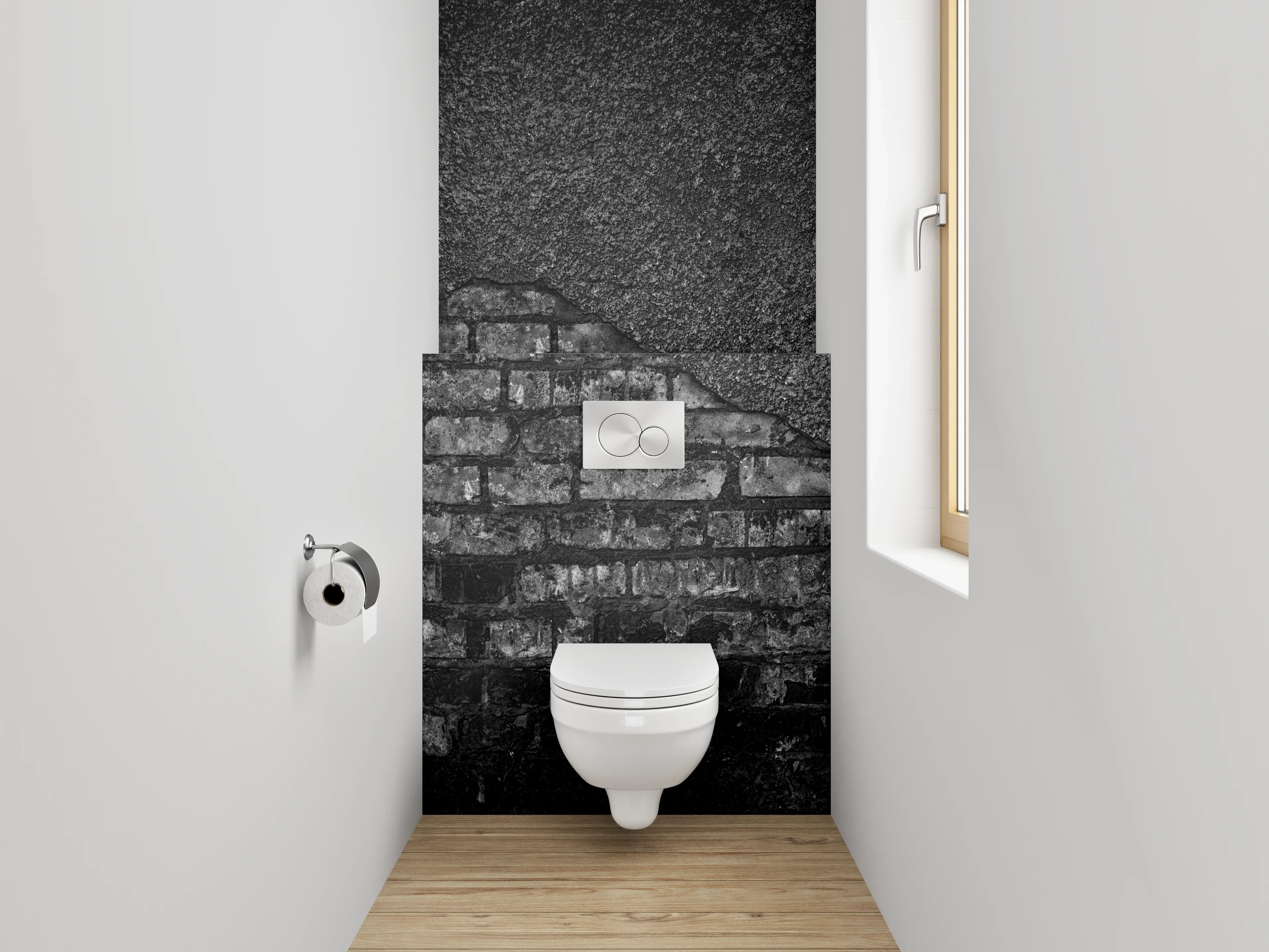 WC-Rückwand - Rustikale Ziegelsteinmauer in Schwarzgrau