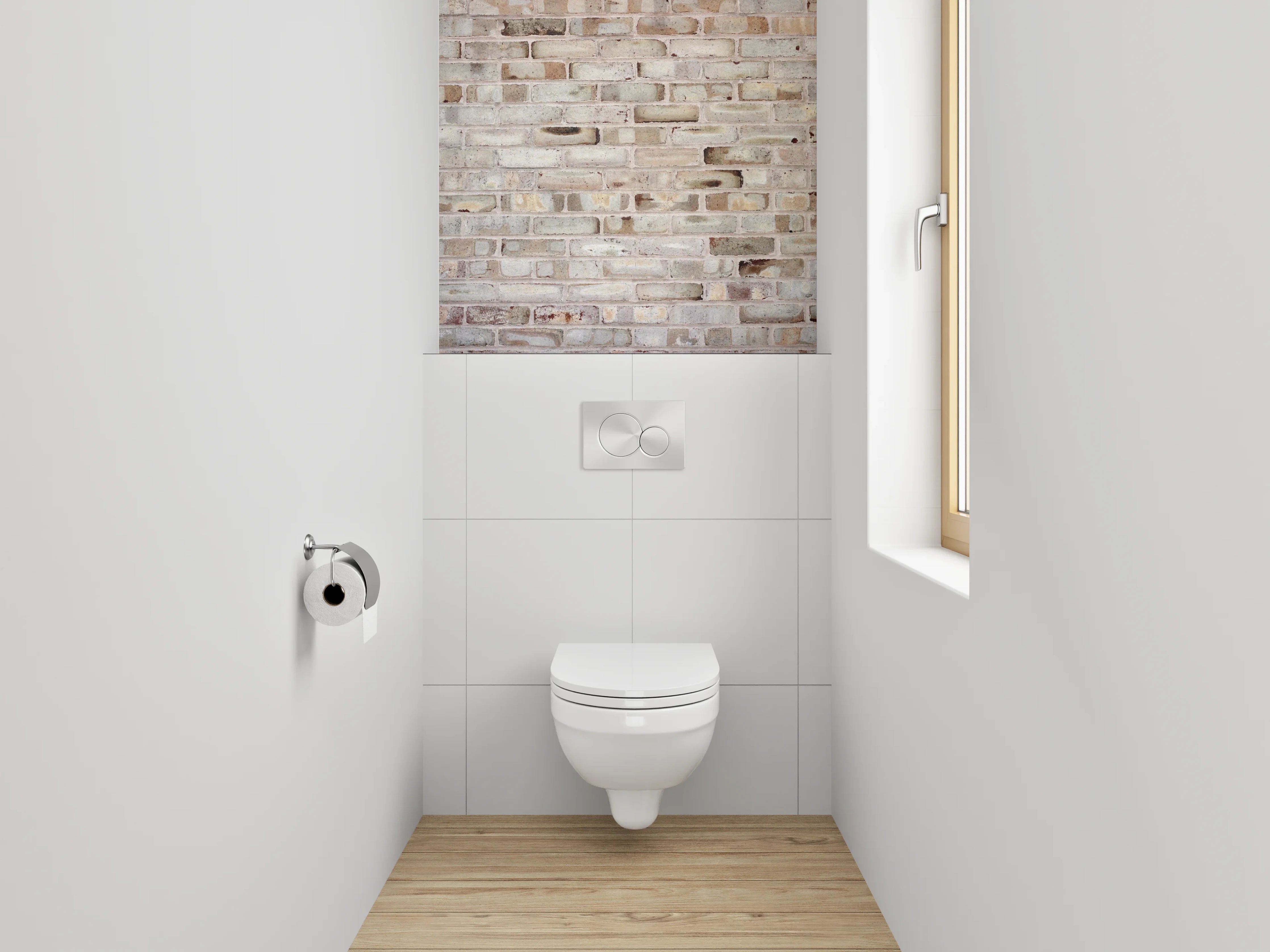WC-Rückwand - Rustikale Ziegelsteinwand in Beige und Grau