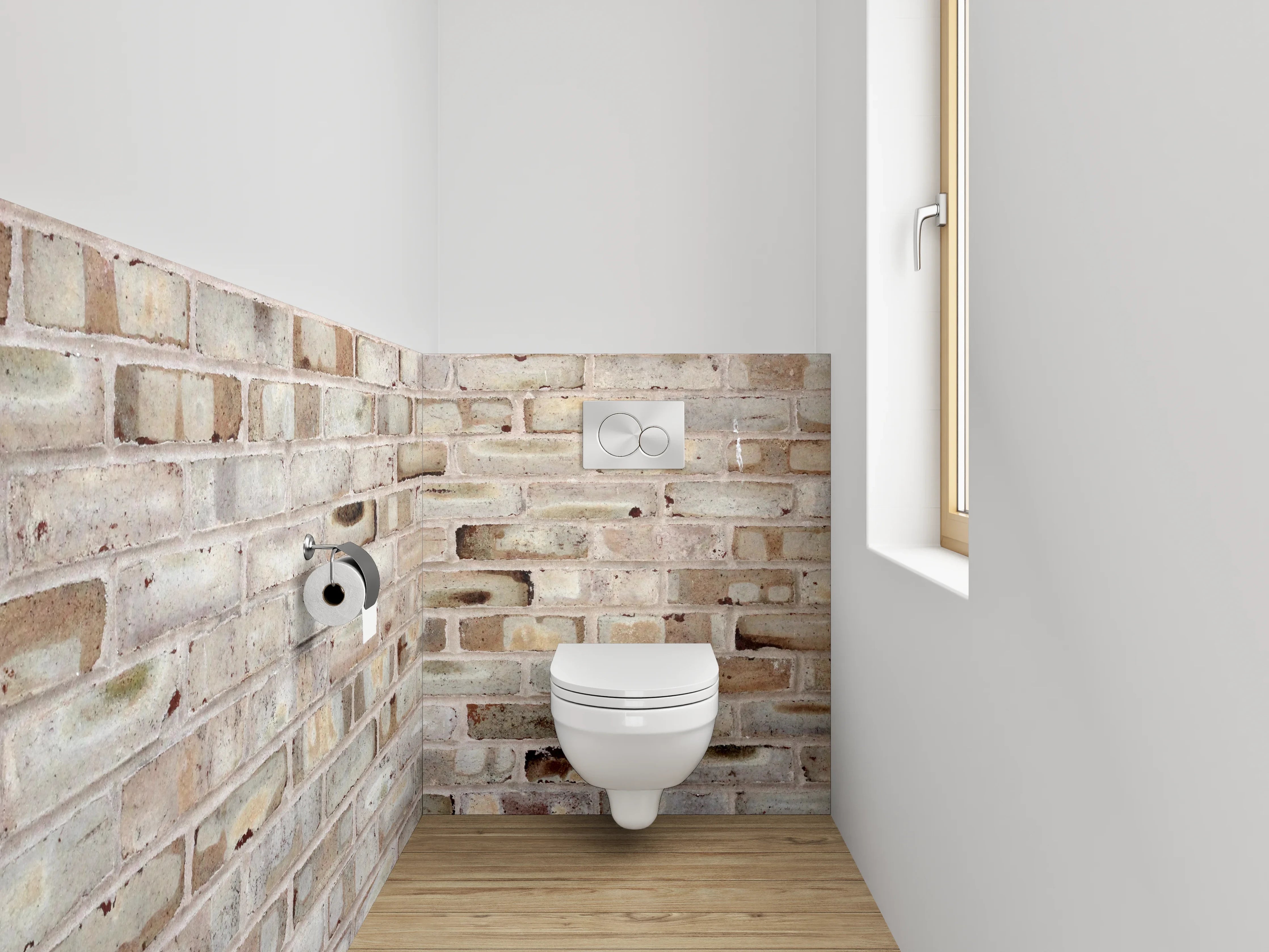 WC-Rückwand - Rustikale Ziegelsteinwand in Beige und Grau