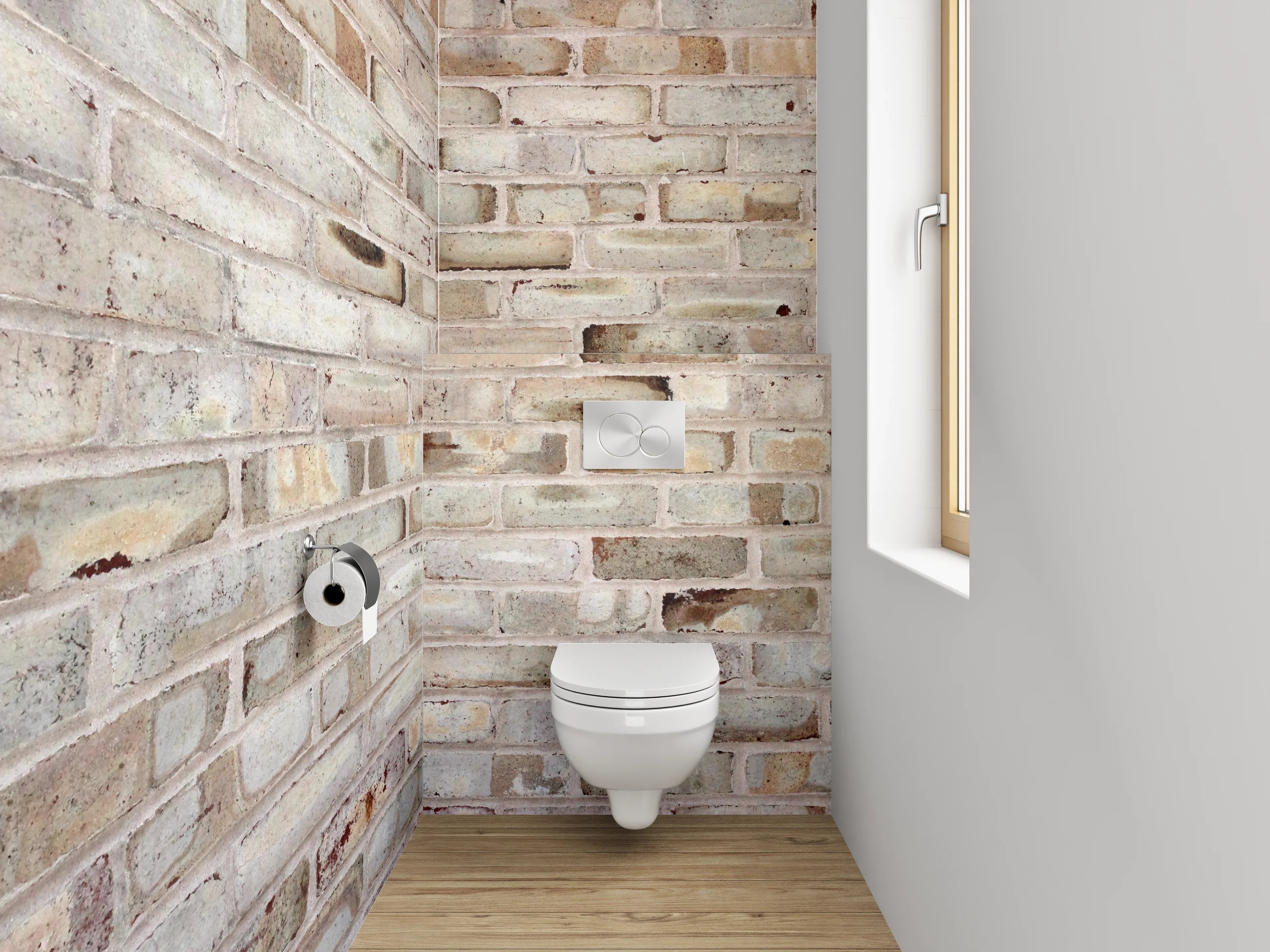 WC-Rückwand - Rustikale Ziegelsteinwand in Beige und Grau