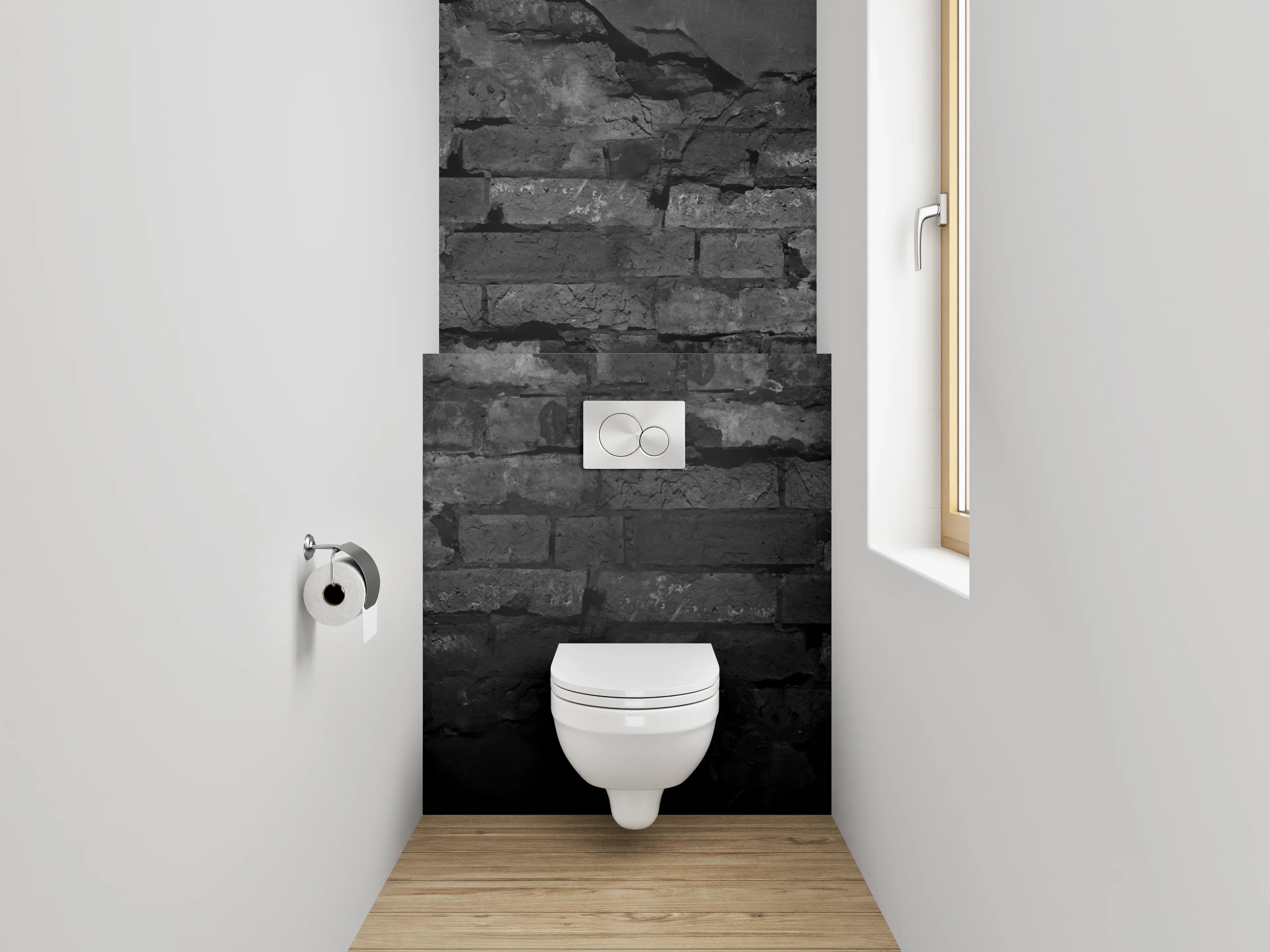WC-Rückwand - Rustikale Ziegelwand in Schwarz-Grau-Optik