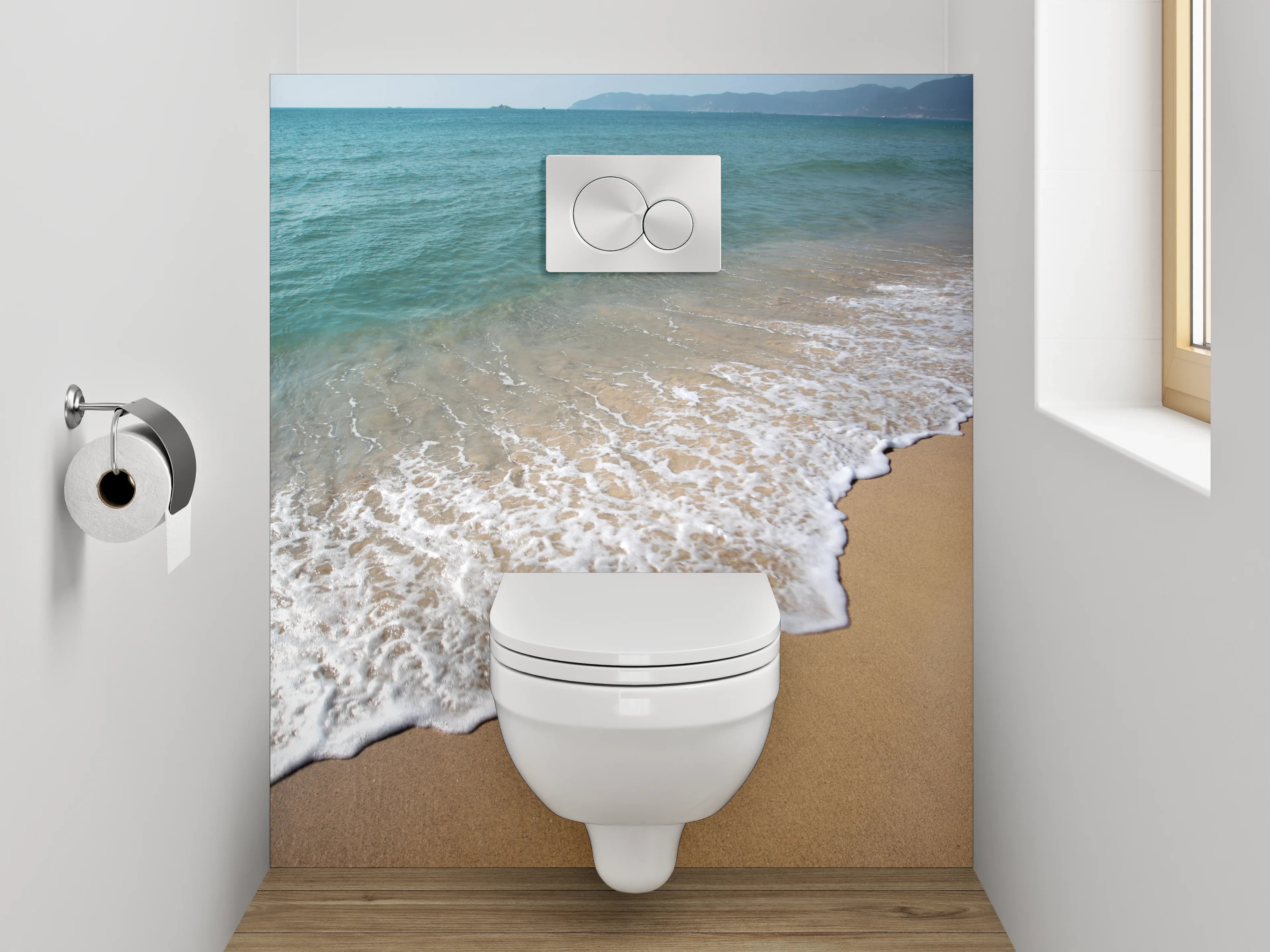 WC-Rückwand - Sandstrand trifft Meereswellen