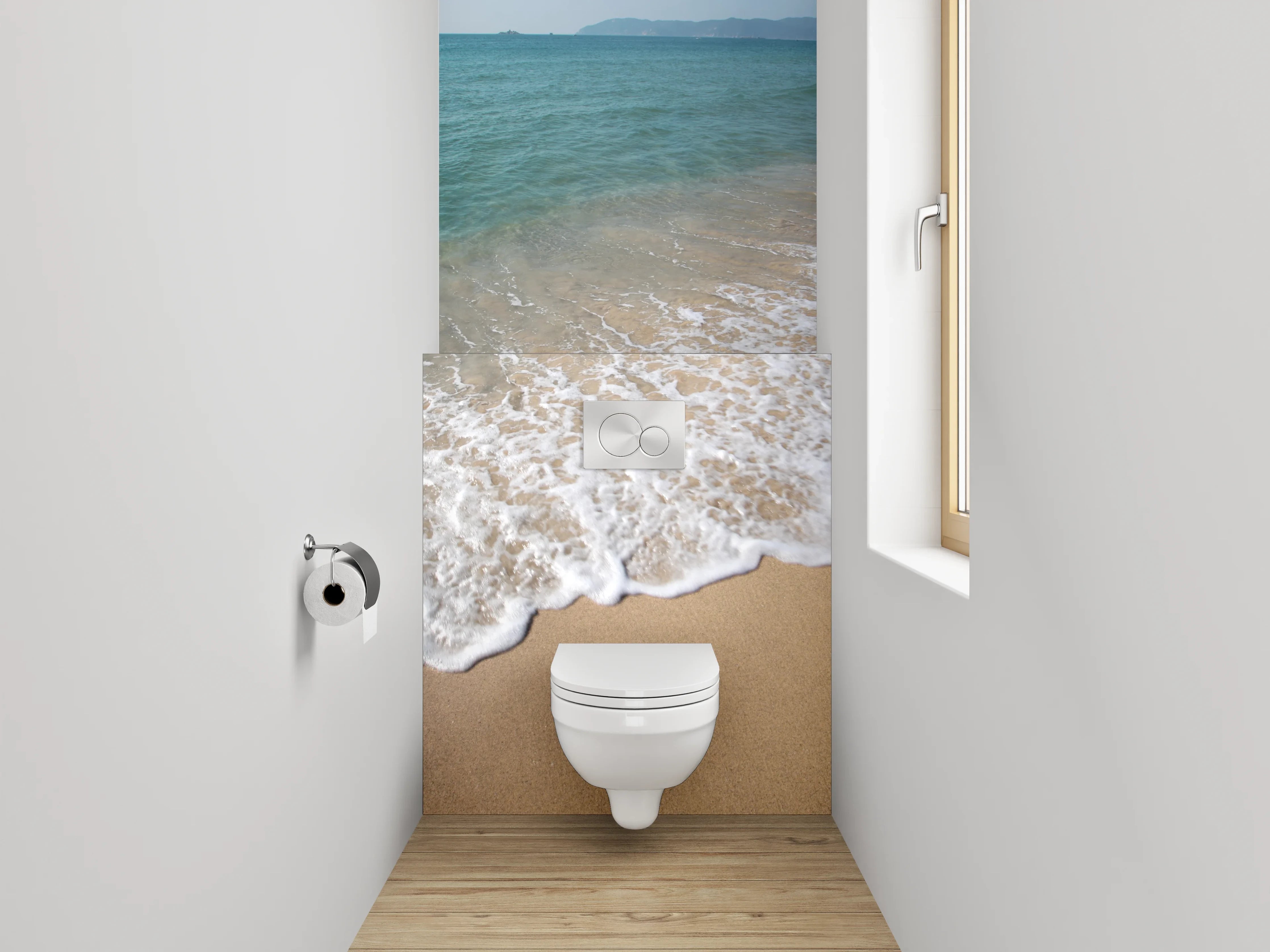 WC-Rückwand - Sandstrand trifft Meereswellen