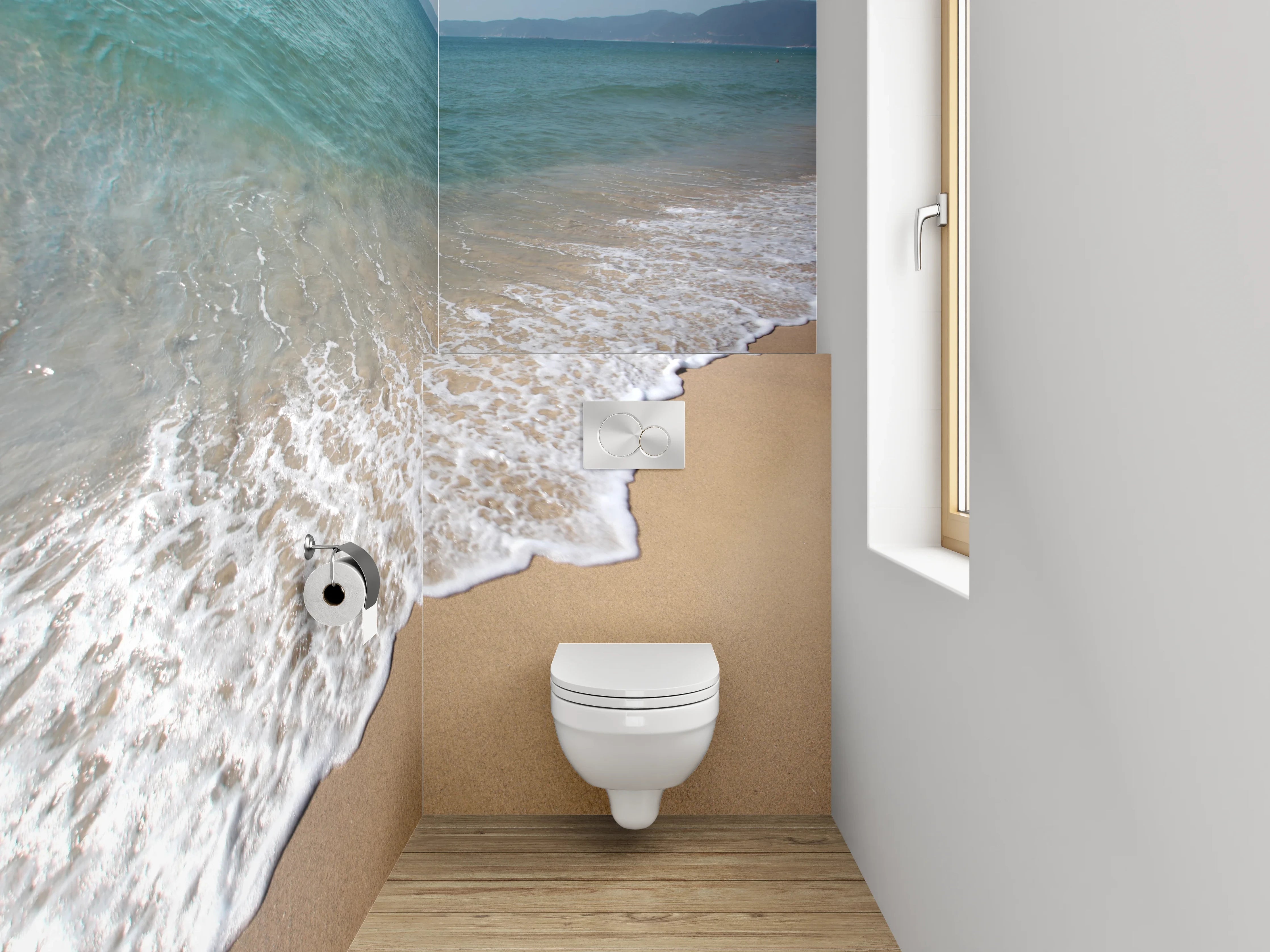 WC-Rückwand - Sandstrand trifft Meereswellen