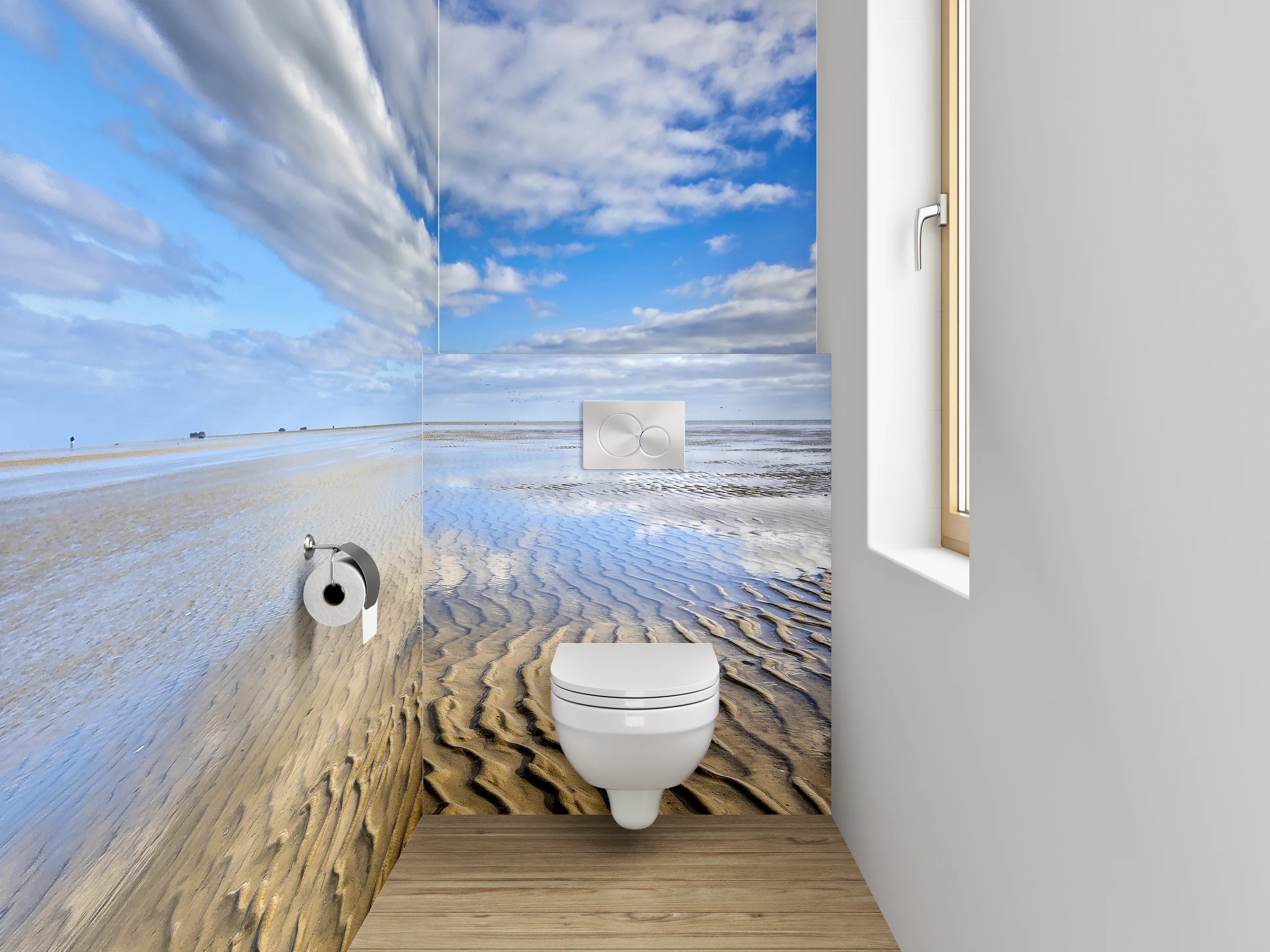 WC-Rückwand - Sandstrand und Wolken am Meer
