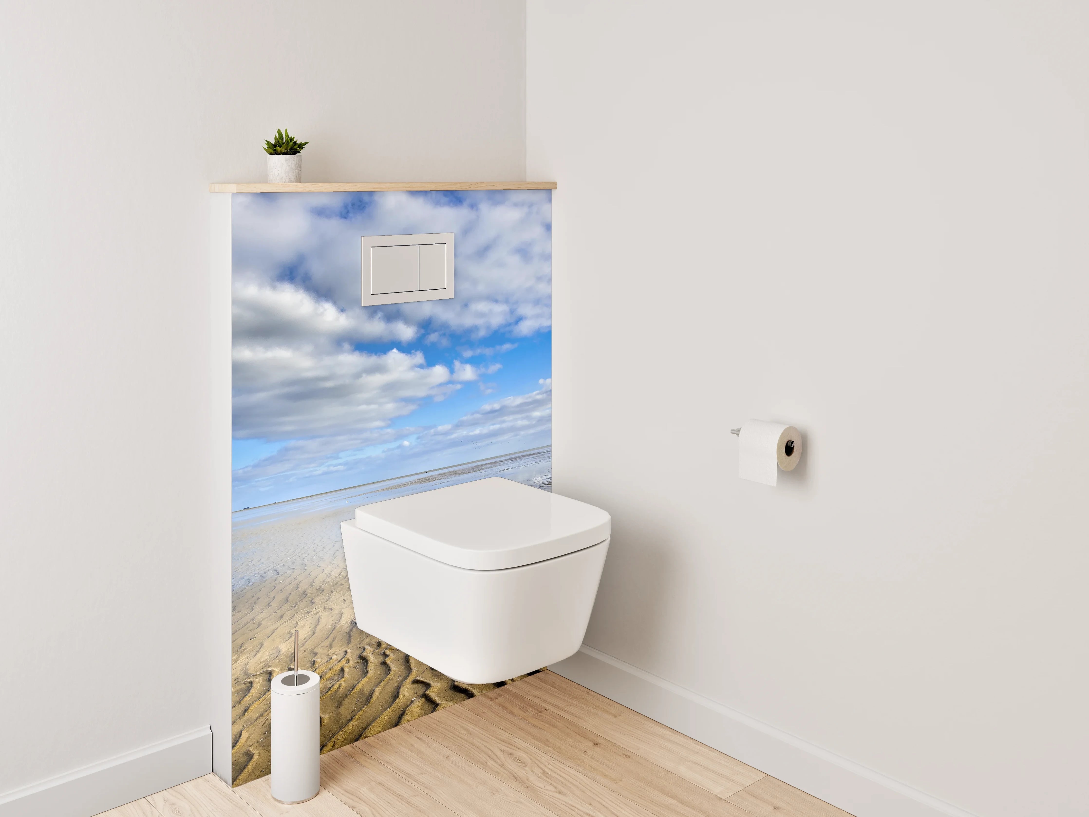 WC-Rückwand - Sandstrand und Wolken am Meer