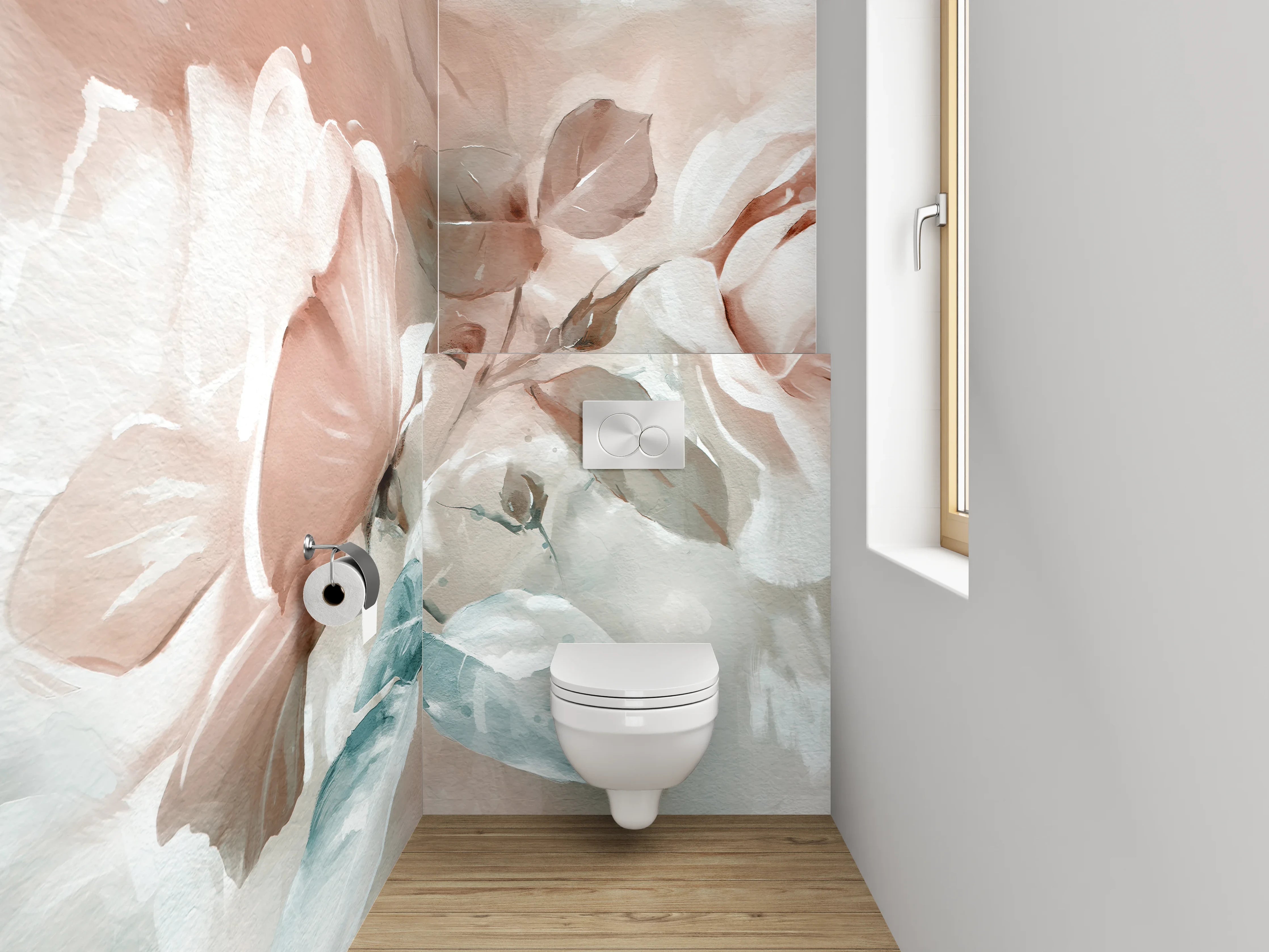 WC-Rückwand - Sanfte Blumenmalerei in Pastelltönen
