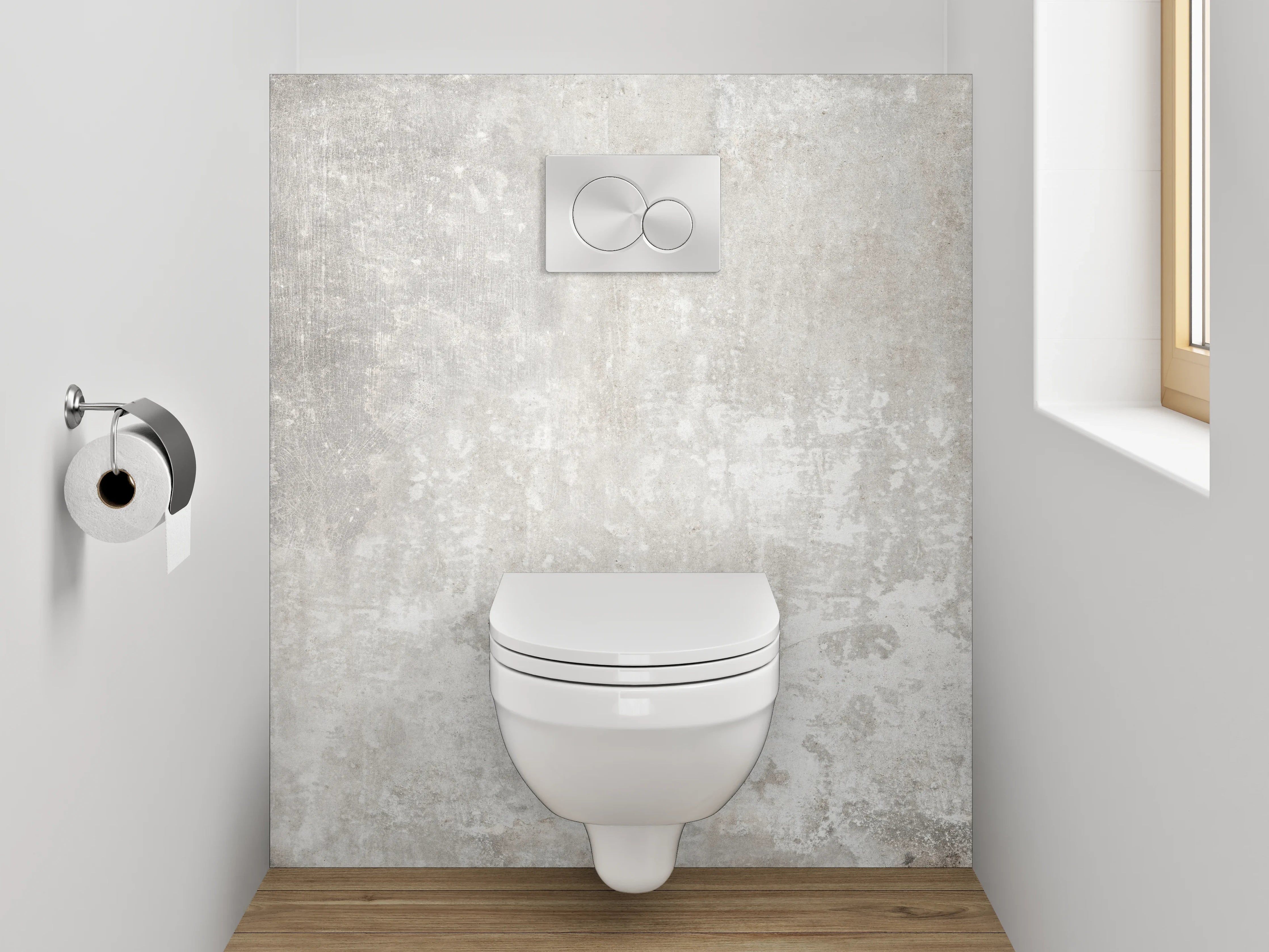 WC-Rückwand - Sanfte Grautöne auf weißem Beton