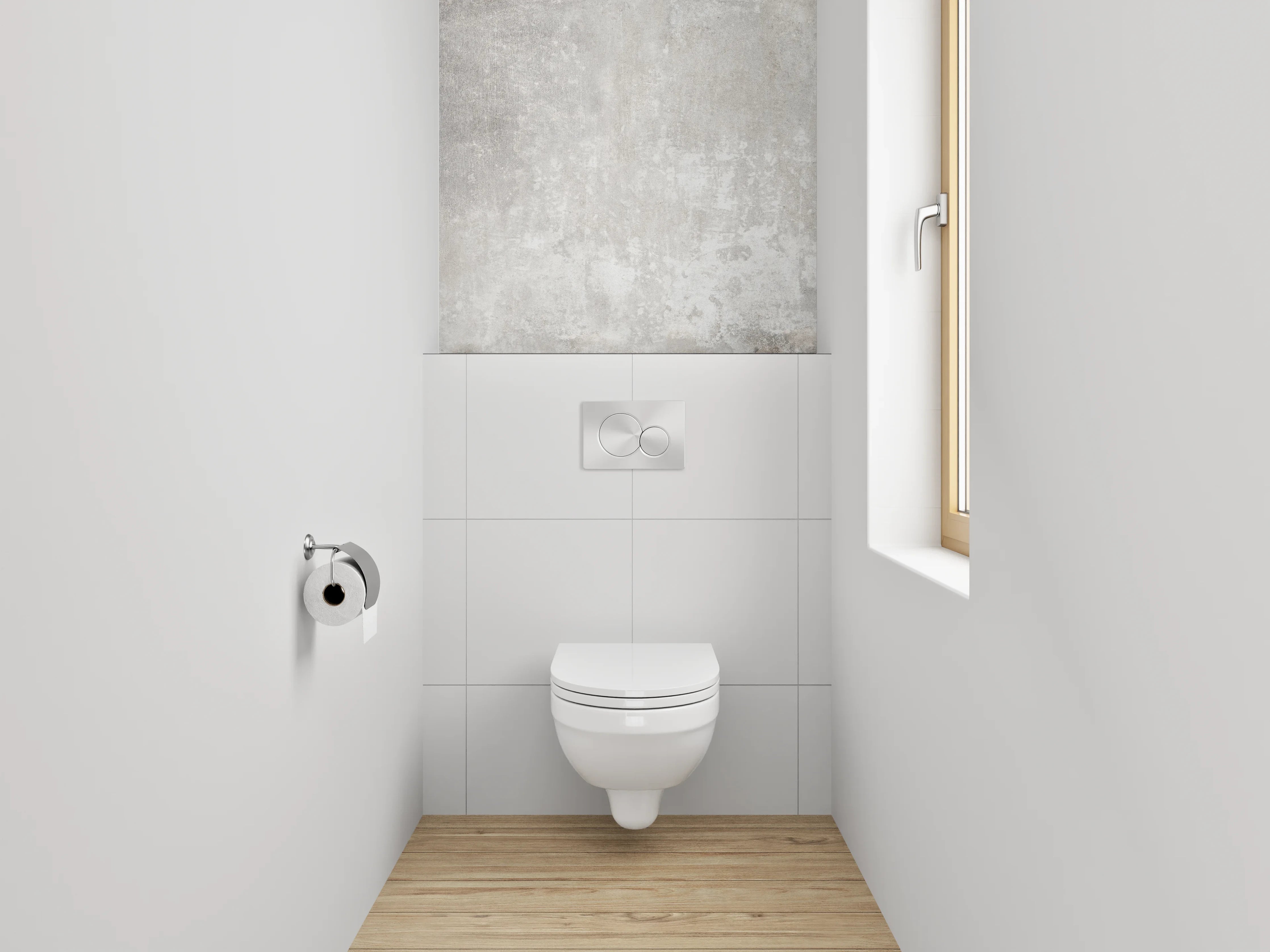 WC-Rückwand - Sanfte Grautöne auf weißem Beton