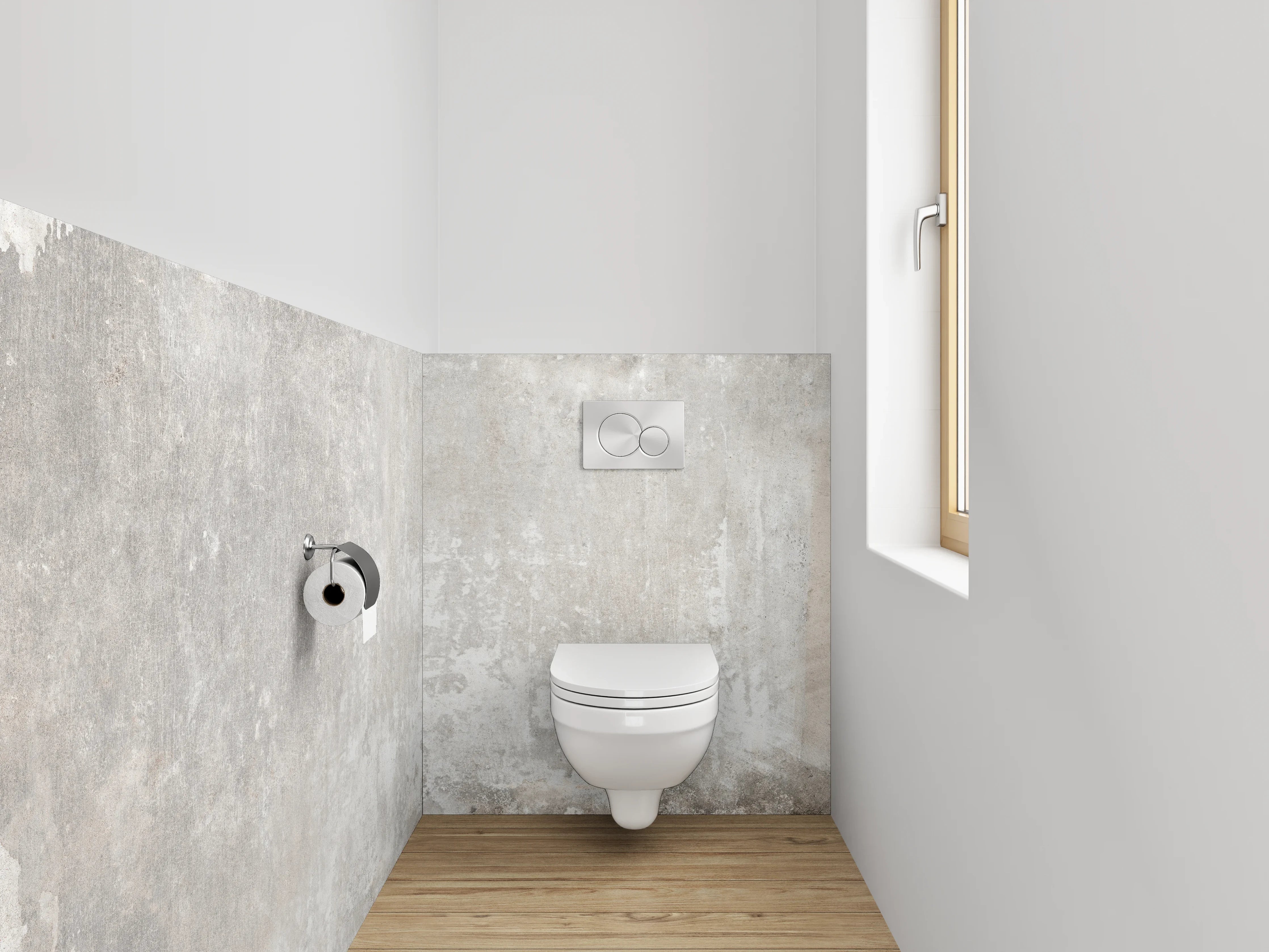 WC-Rückwand - Sanfte Grautöne auf weißem Beton