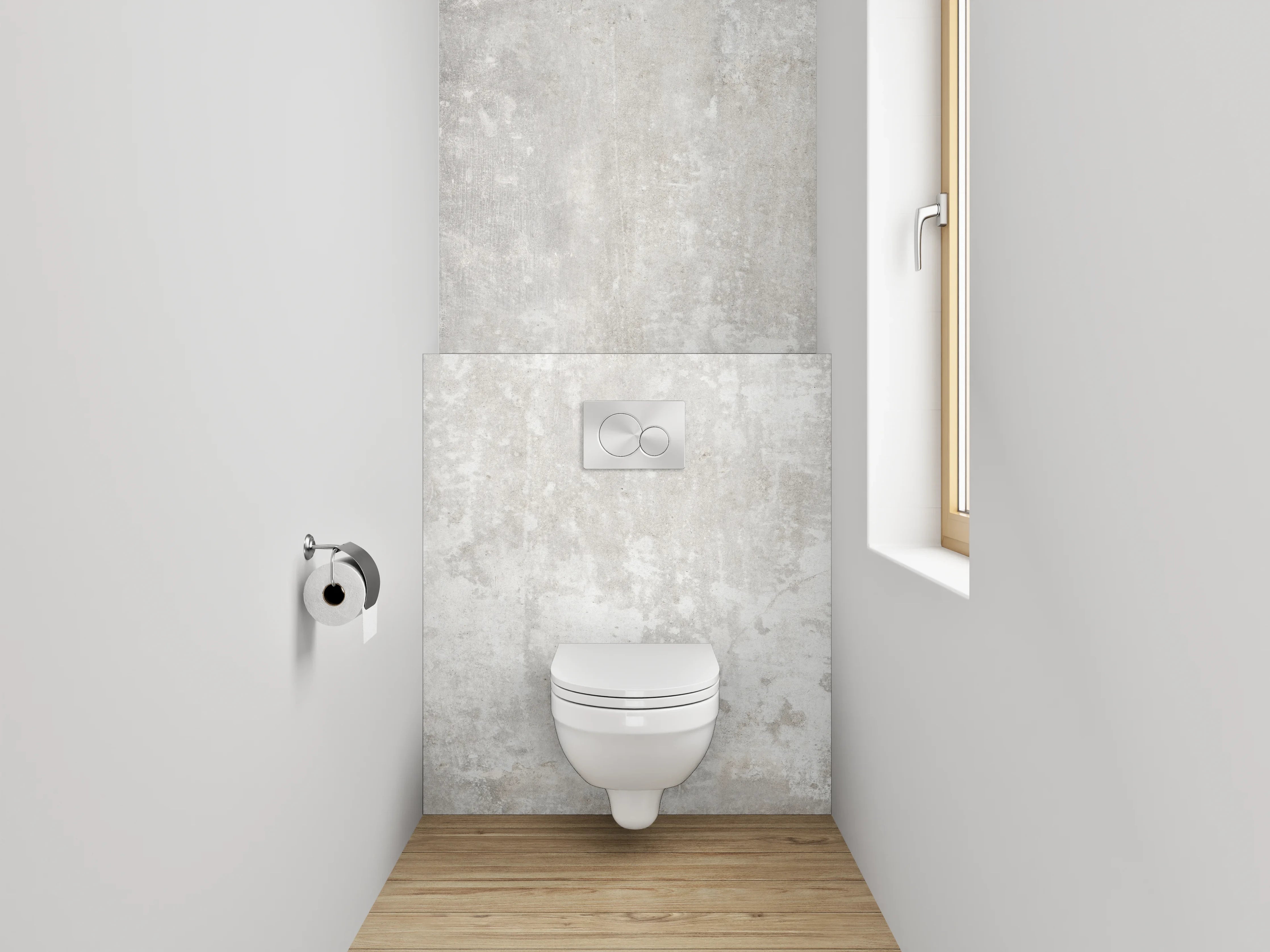 WC-Rückwand - Sanfte Grautöne auf weißem Beton