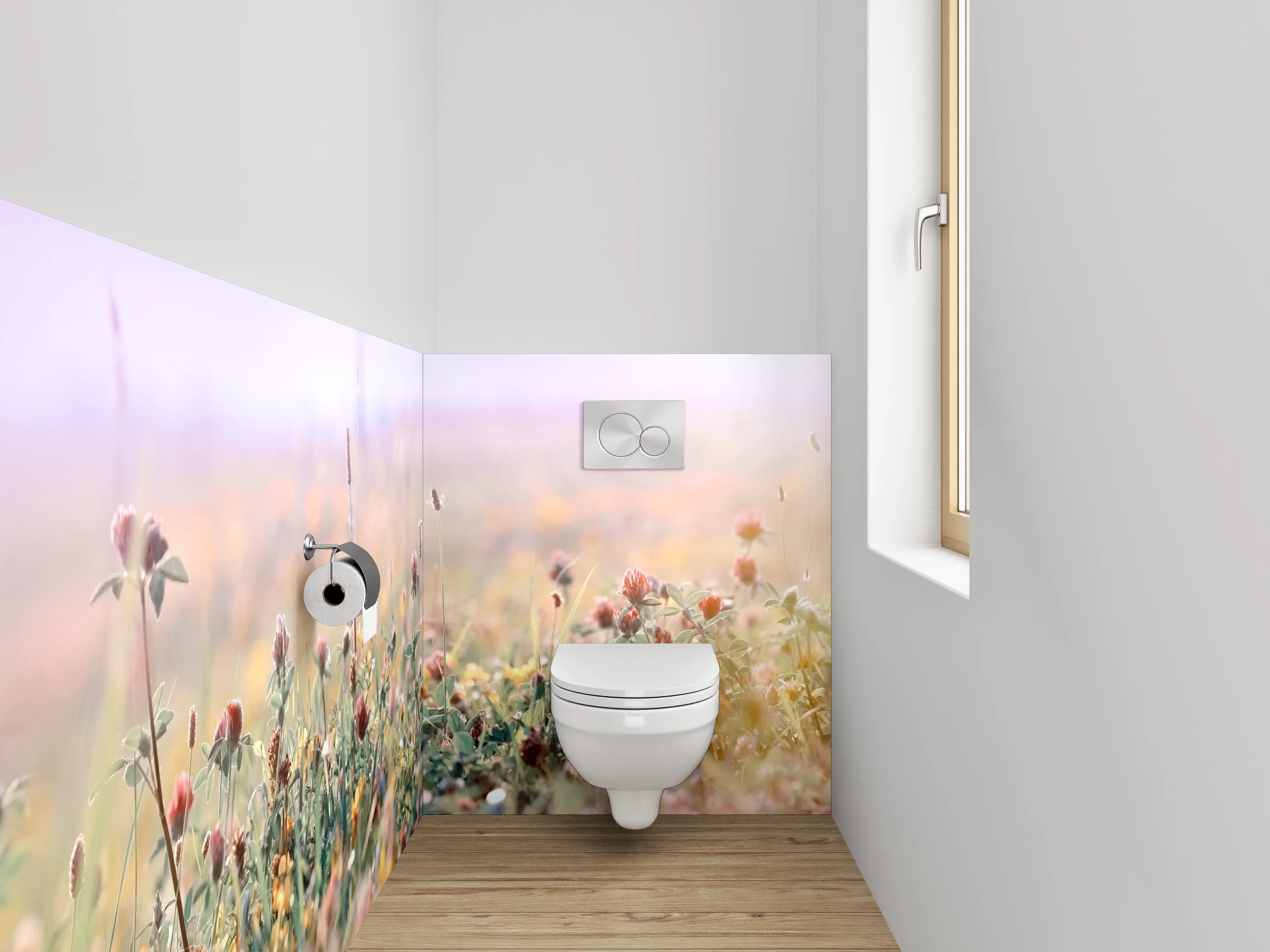 WC-Rückwand - Sanfte Wildblumenwiese im Morgenlicht