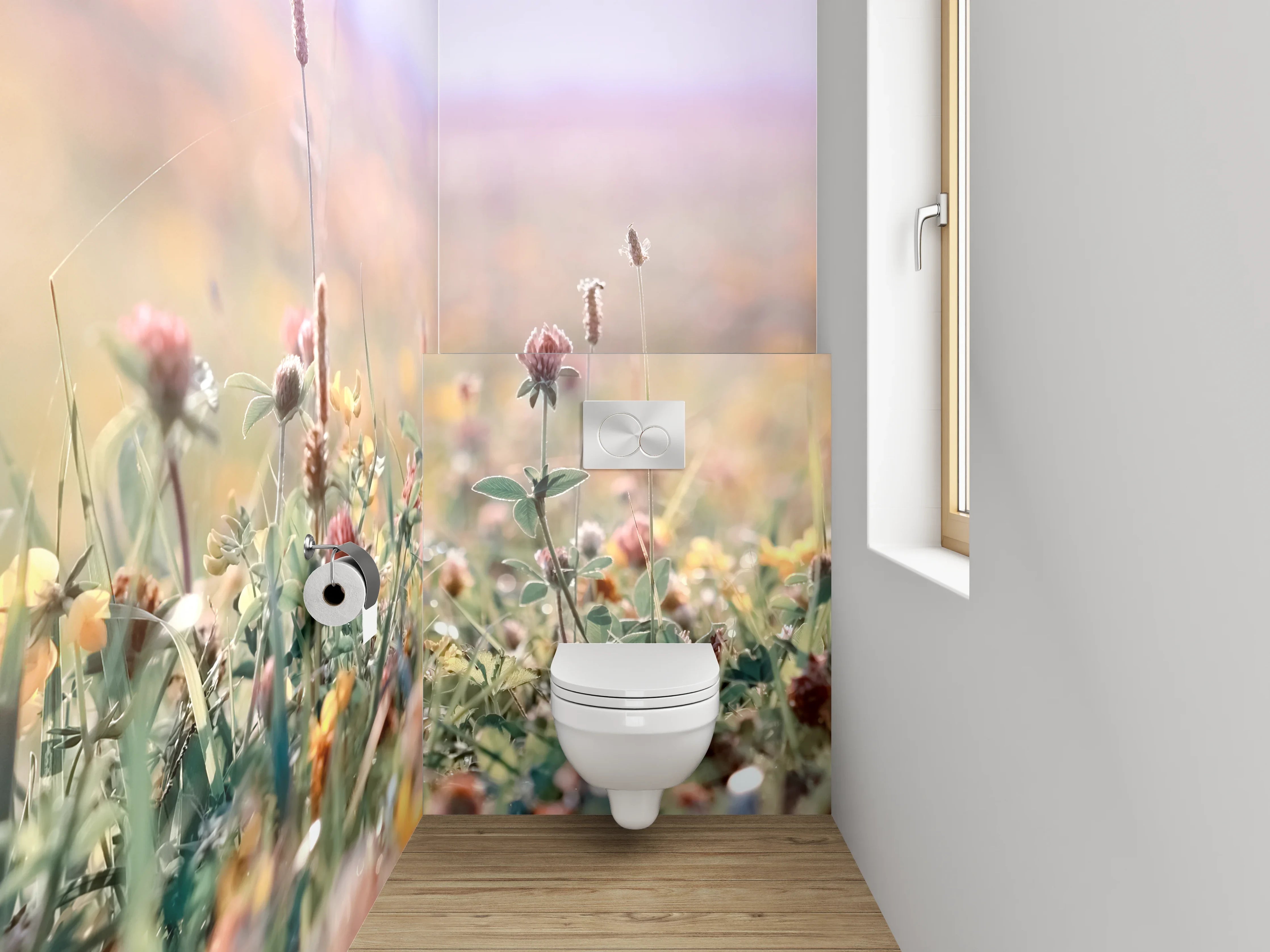 WC-Rückwand - Sanfte Wildblumenwiese im Morgenlicht