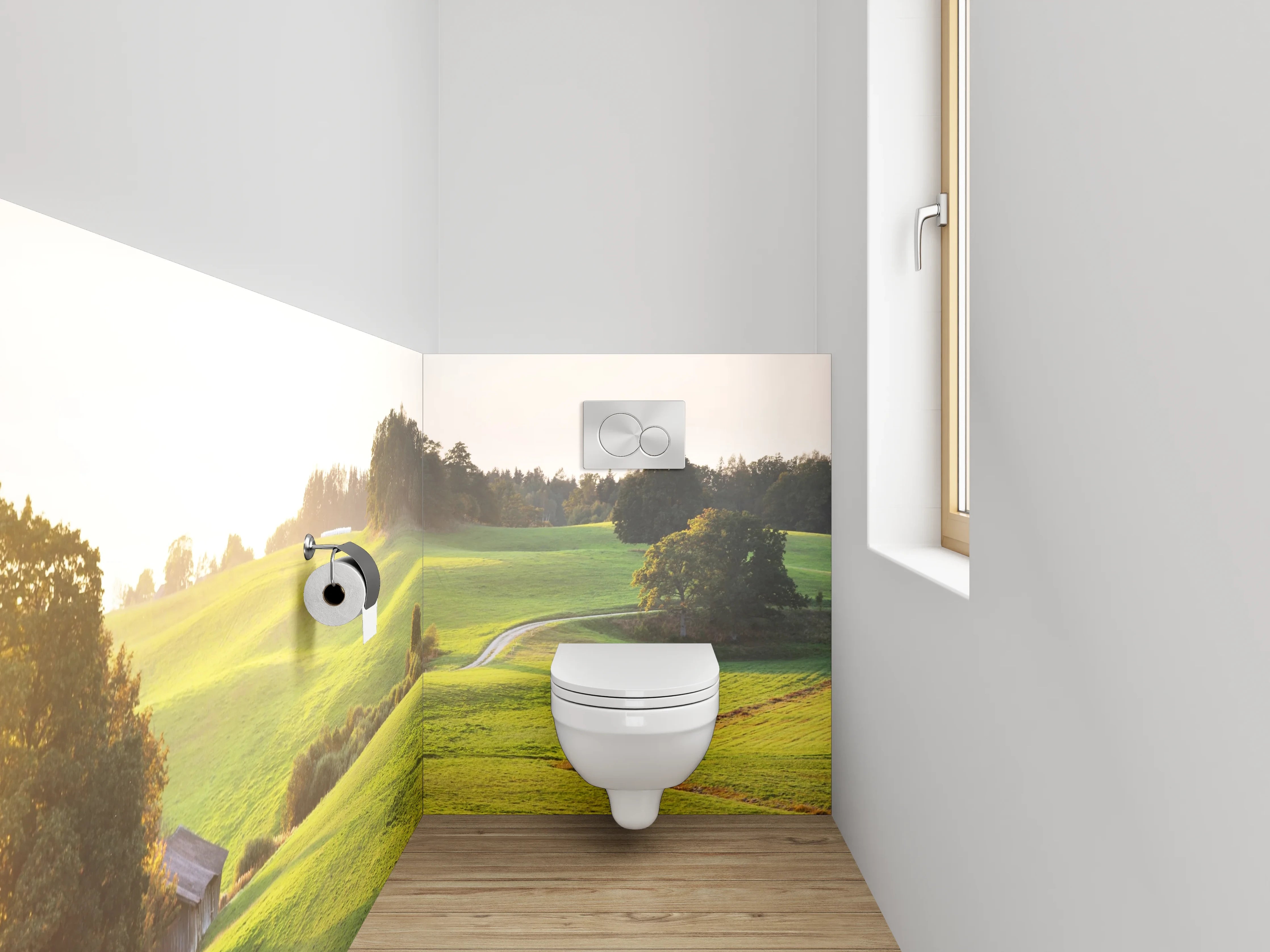 WC-Rückwand - Sanfte grüne Hügellandschaft am Morgen