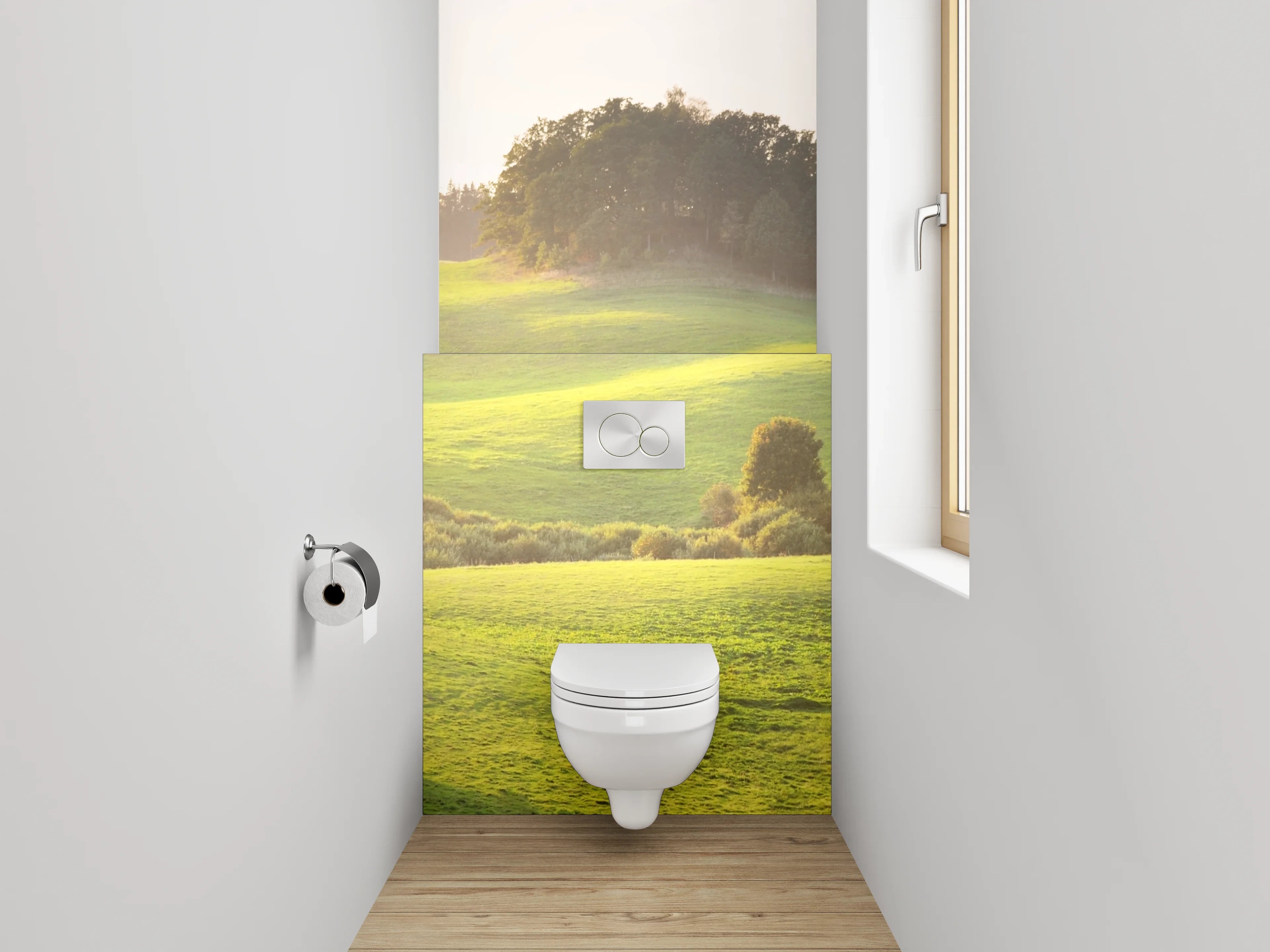 WC-Rückwand - Sanfte grüne Hügellandschaft am Morgen