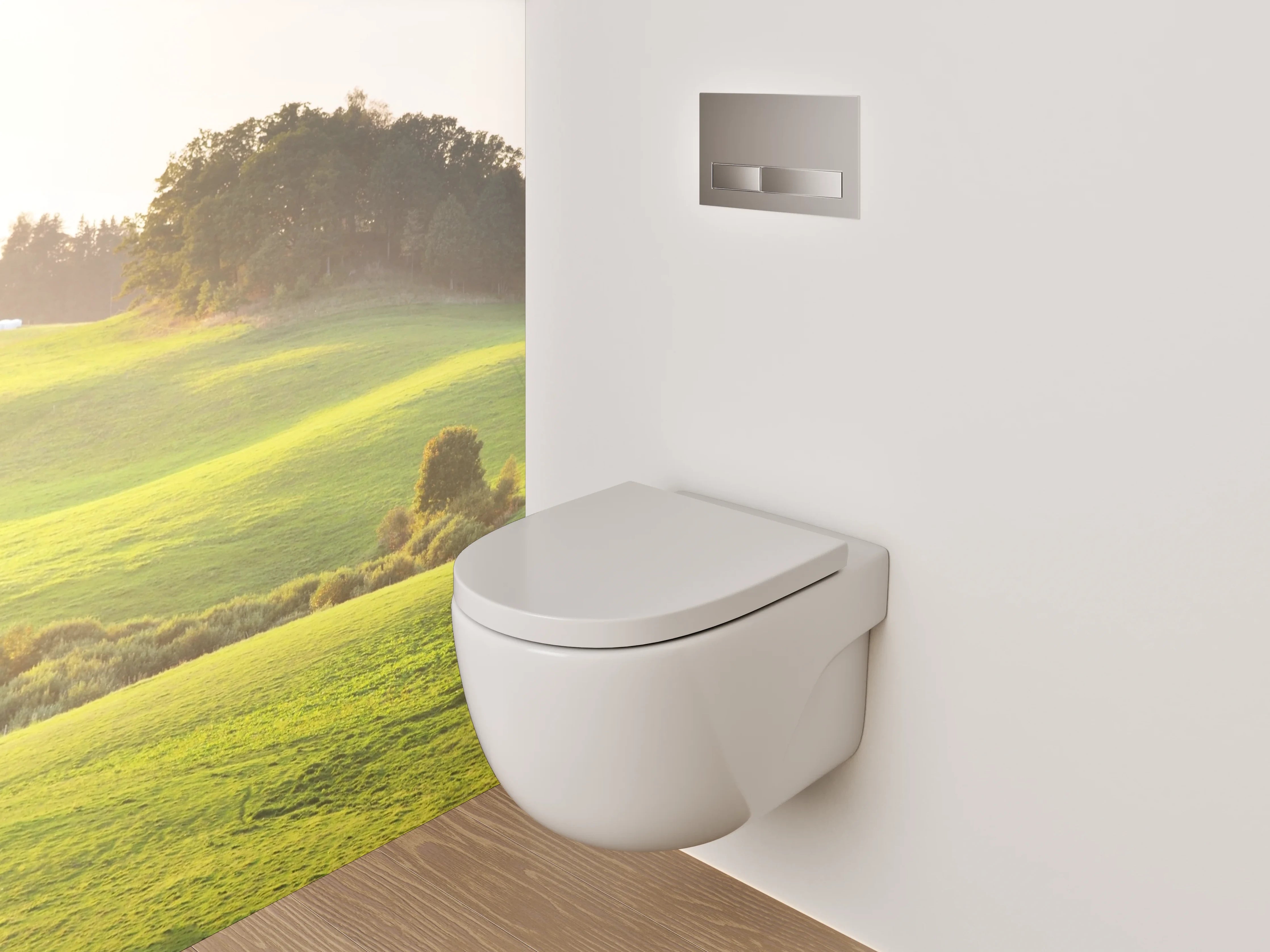 WC-Rückwand - Sanfte grüne Hügellandschaft am Morgen