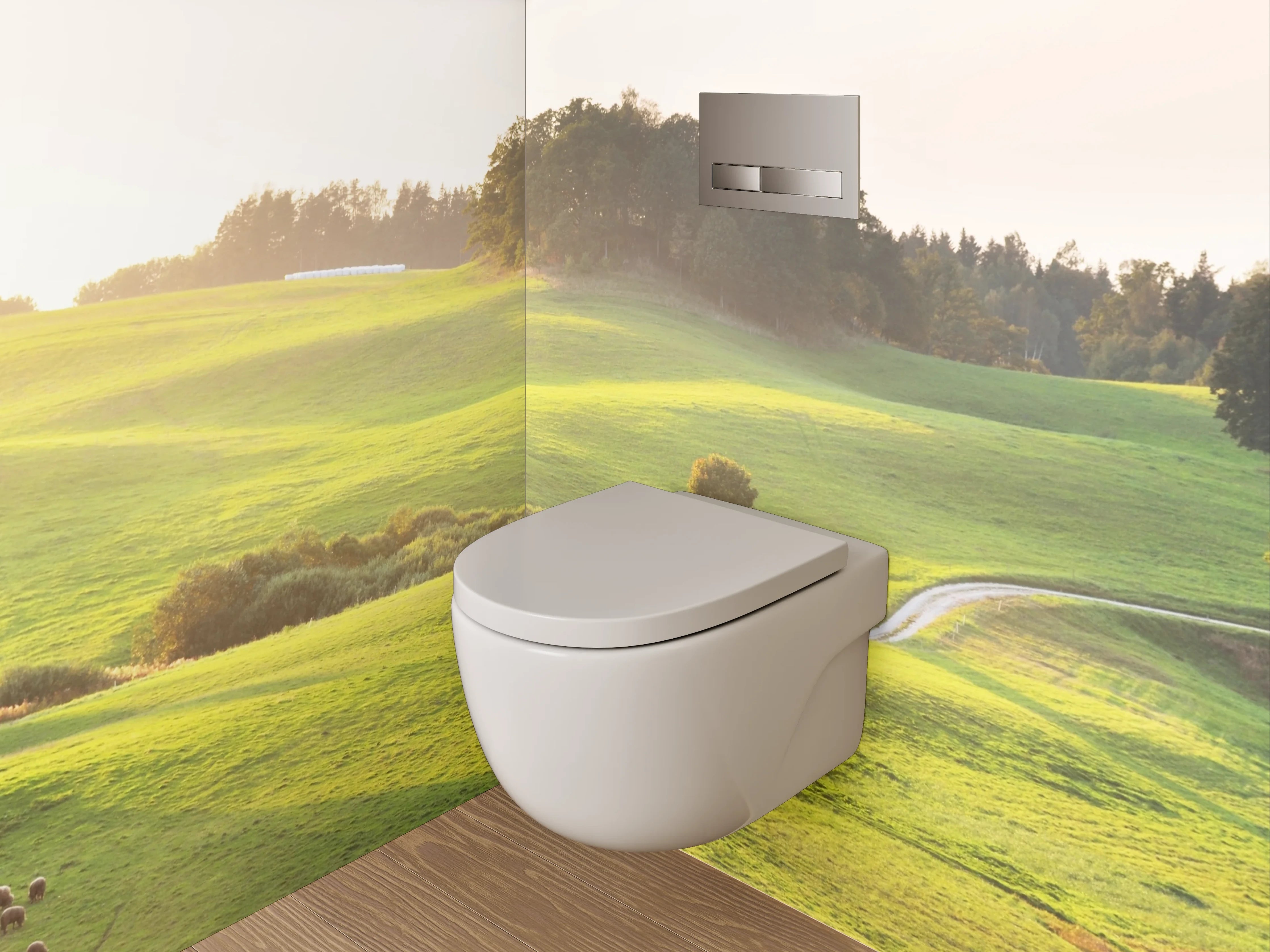 WC-Rückwand - Sanfte grüne Hügellandschaft am Morgen