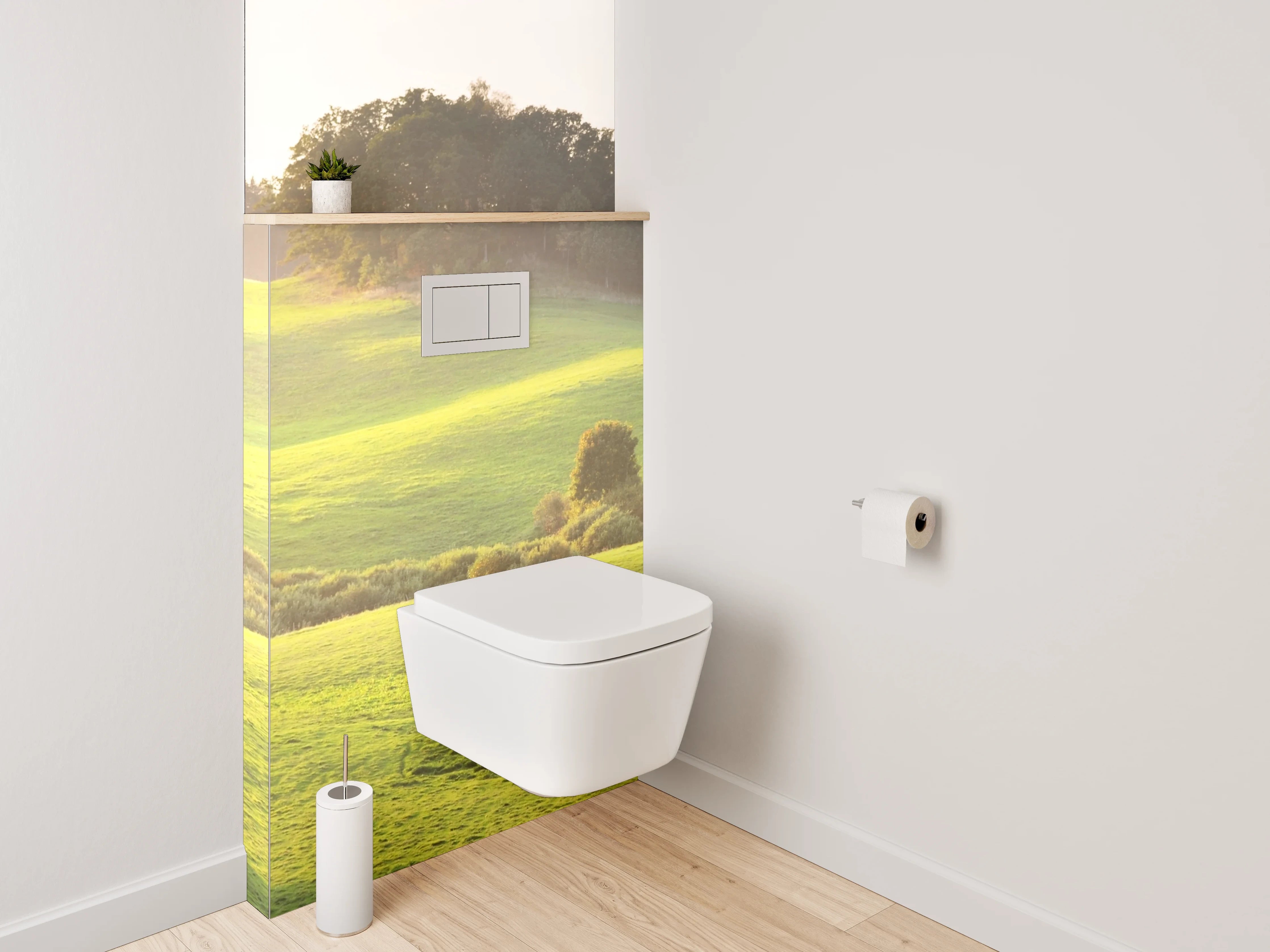WC-Rückwand - Sanfte grüne Hügellandschaft am Morgen