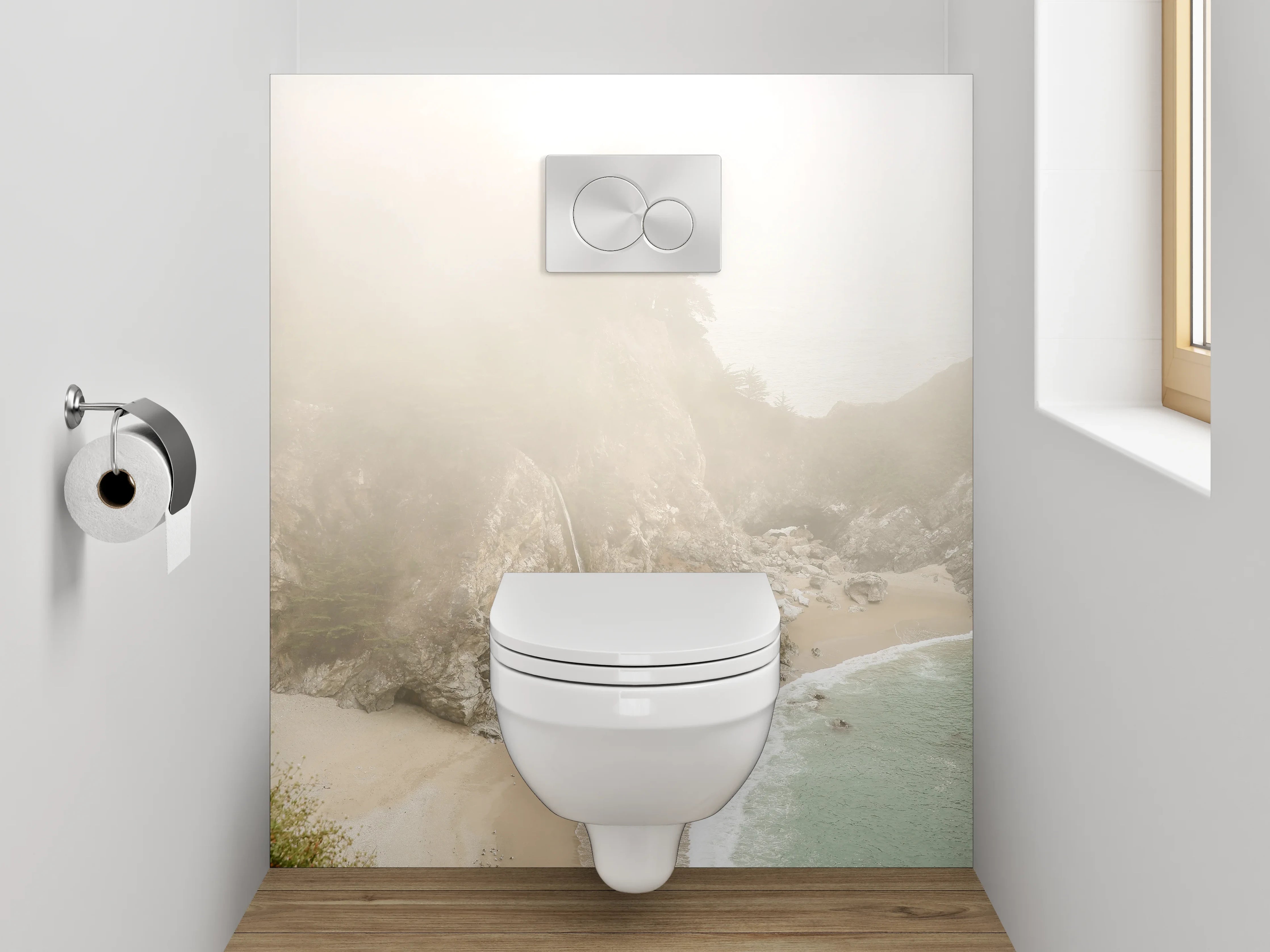 WC-Rückwand - Sanfter Wasserfall an nebliger Küste