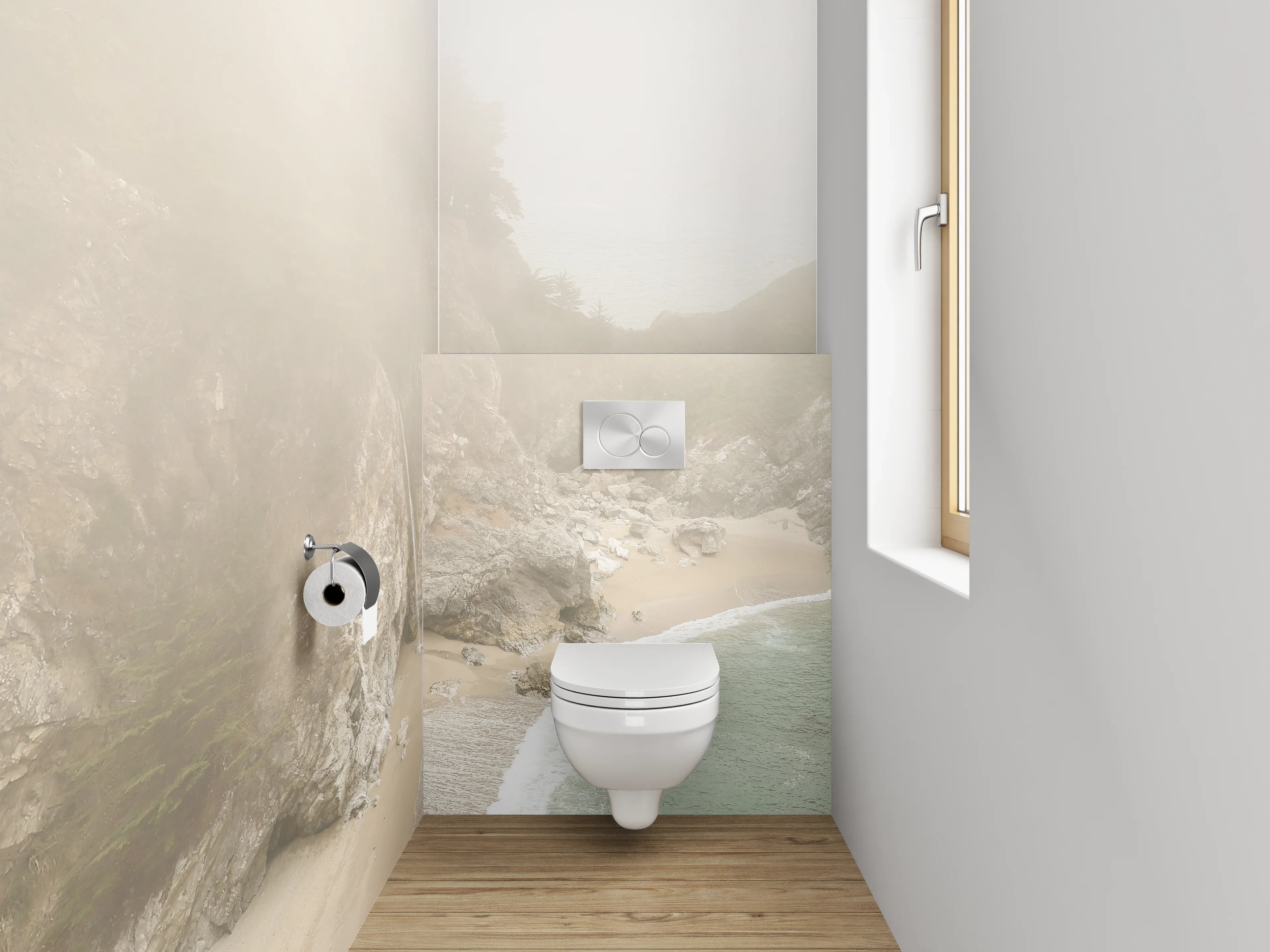 WC-Rückwand - Sanfter Wasserfall an nebliger Küste