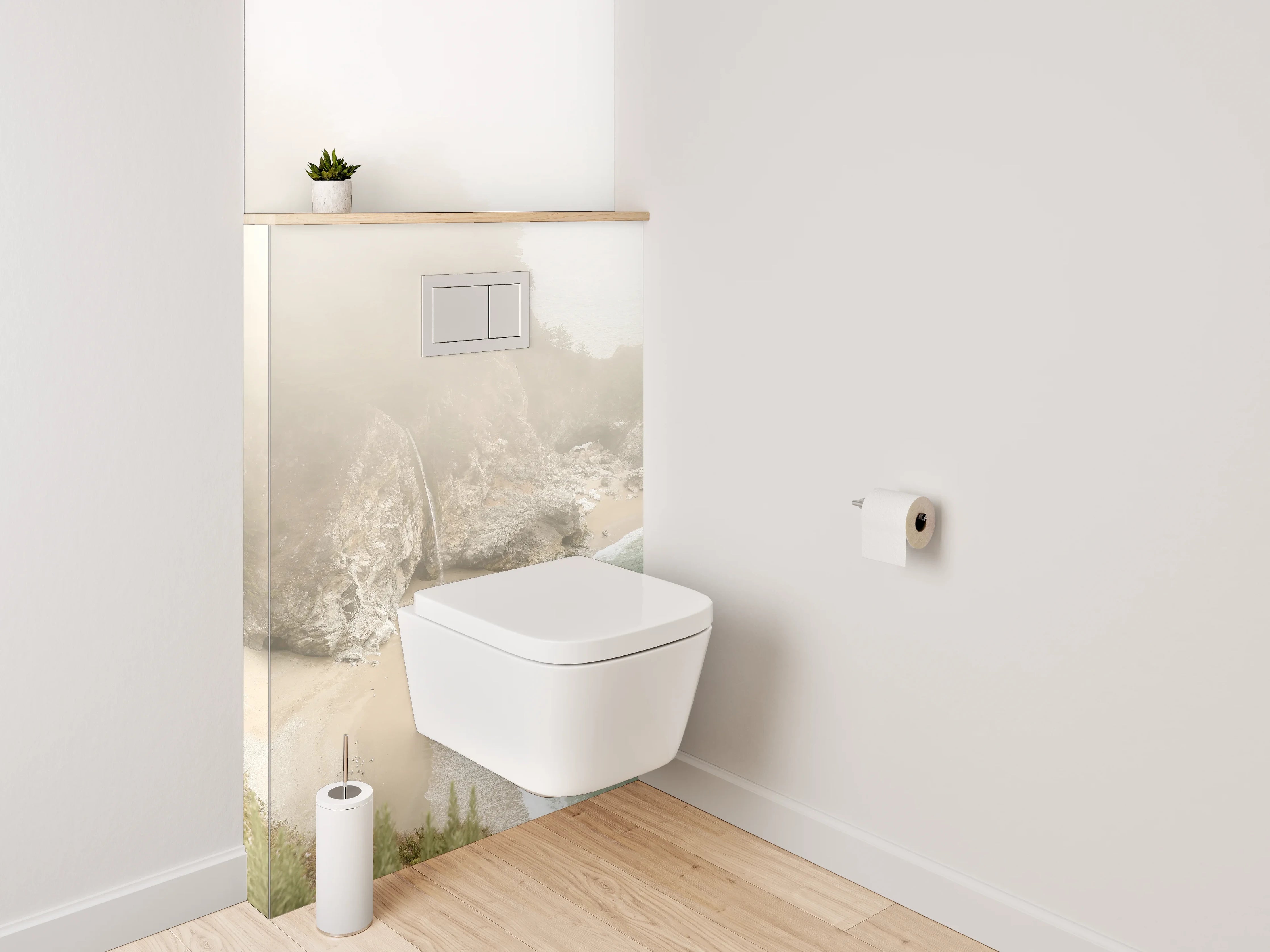 WC-Rückwand - Sanfter Wasserfall an nebliger Küste