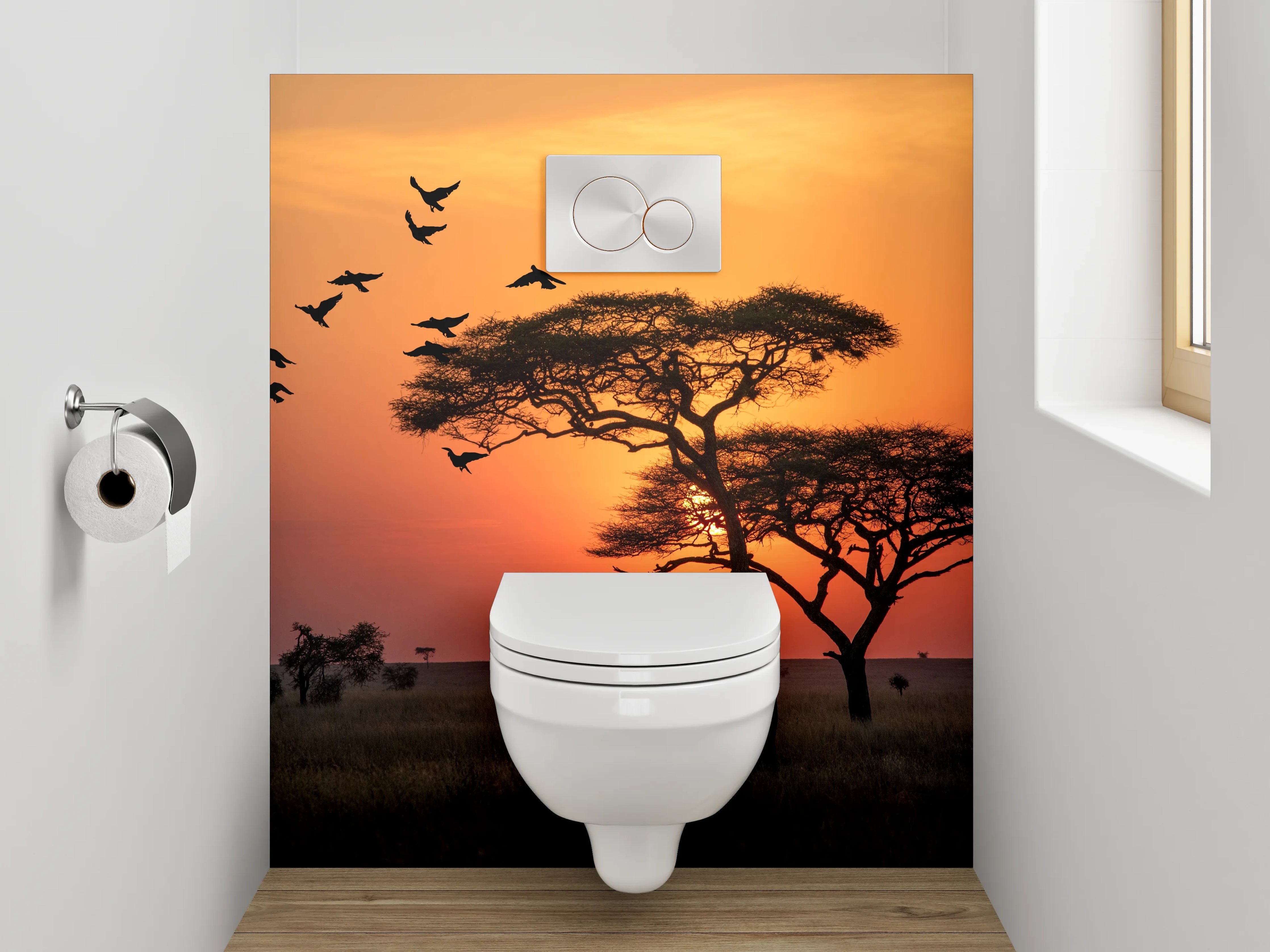 WC-Rückwand - Savannen-Sonnenuntergang mit Akazie