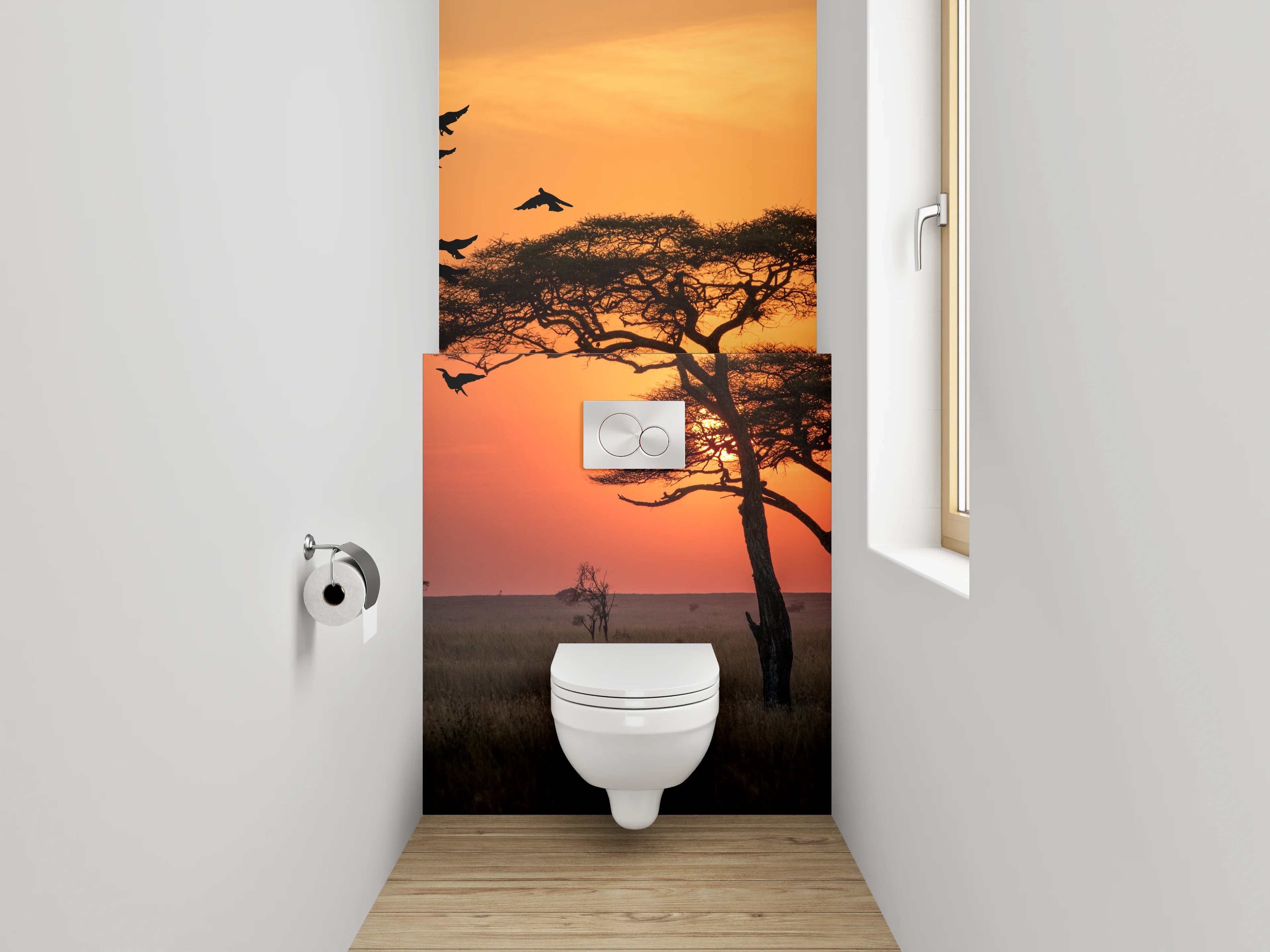 WC-Rückwand - Savannen-Sonnenuntergang mit Akazie