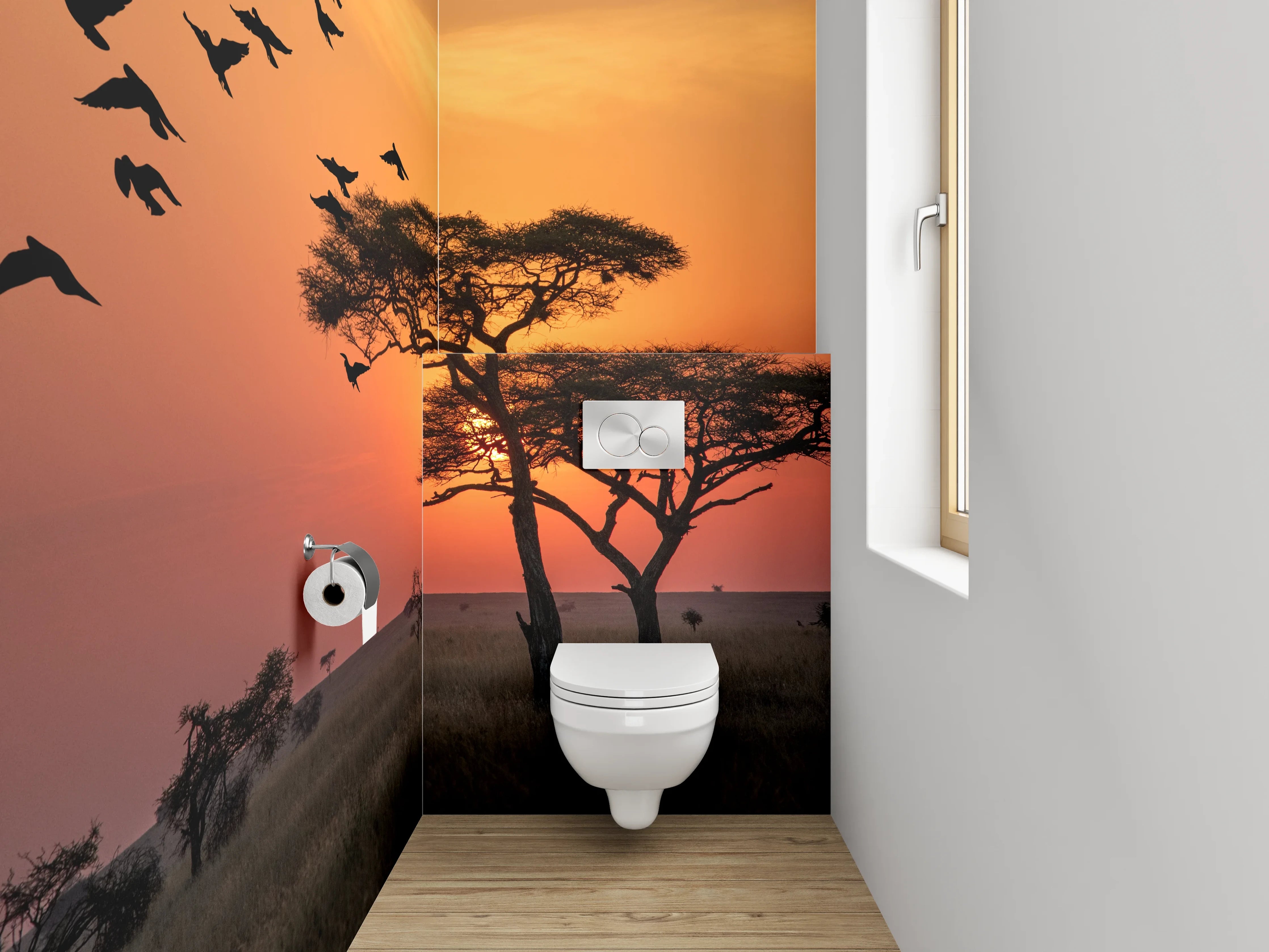 WC-Rückwand - Savannen-Sonnenuntergang mit Akazie
