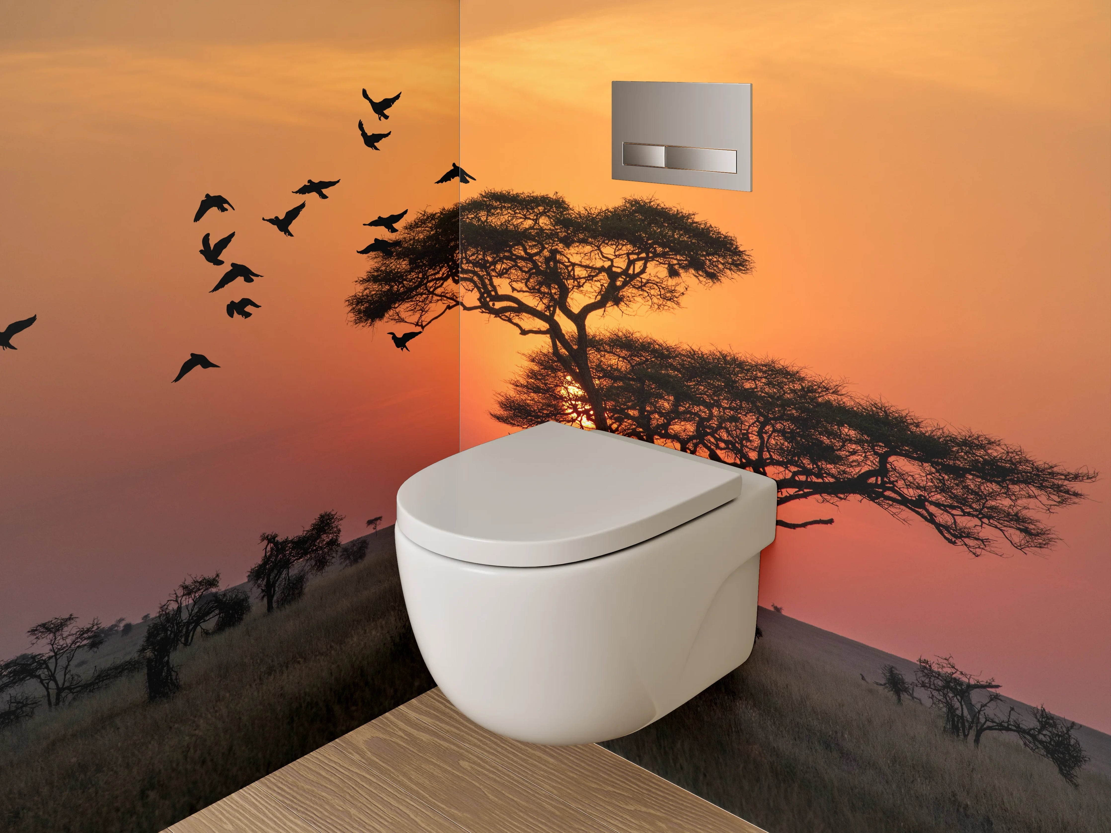 WC-Rückwand - Savannen-Sonnenuntergang mit Akazie