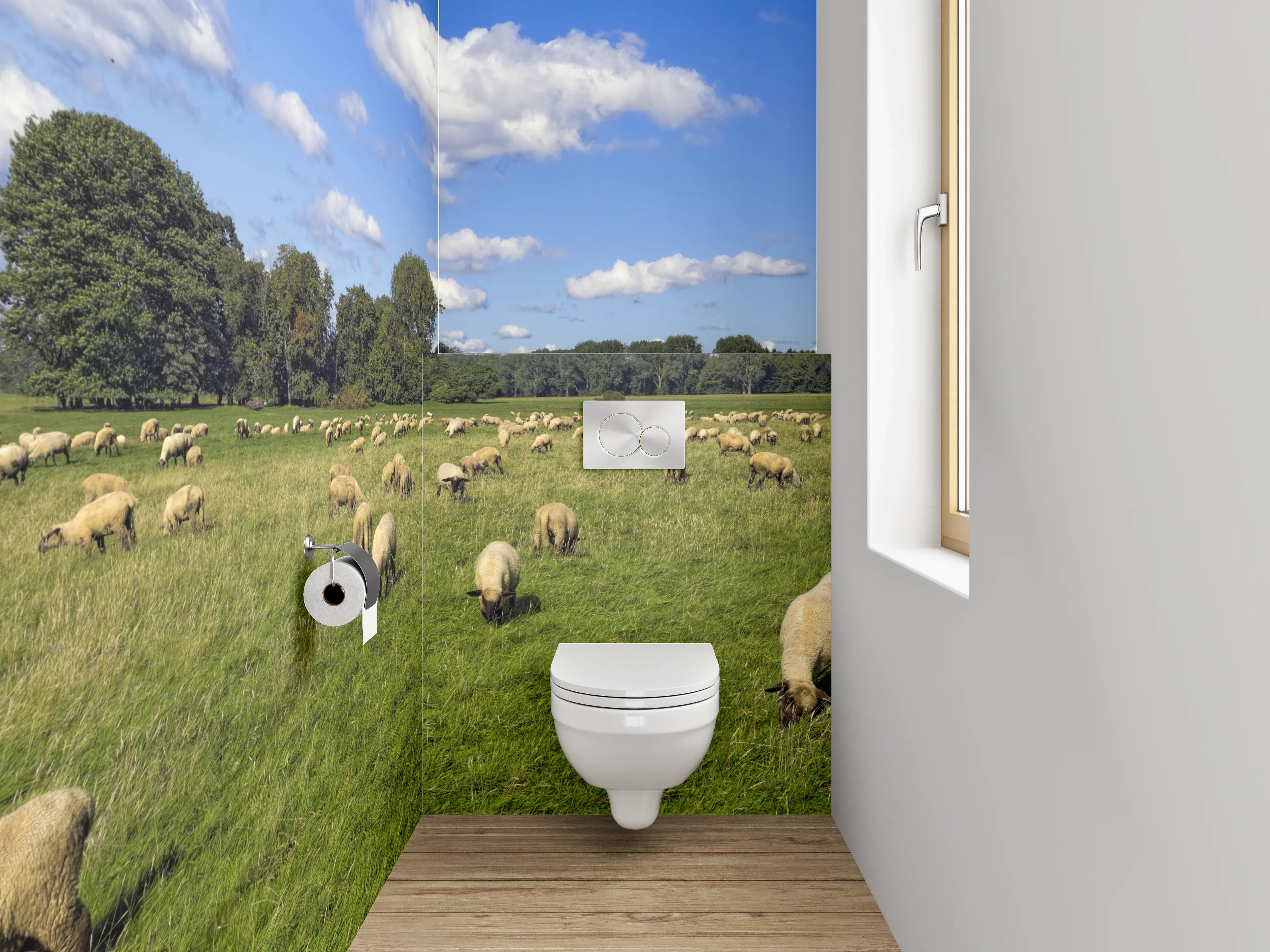 WC-Rückwand - Schäferidylle auf grüner Wiese Panorama