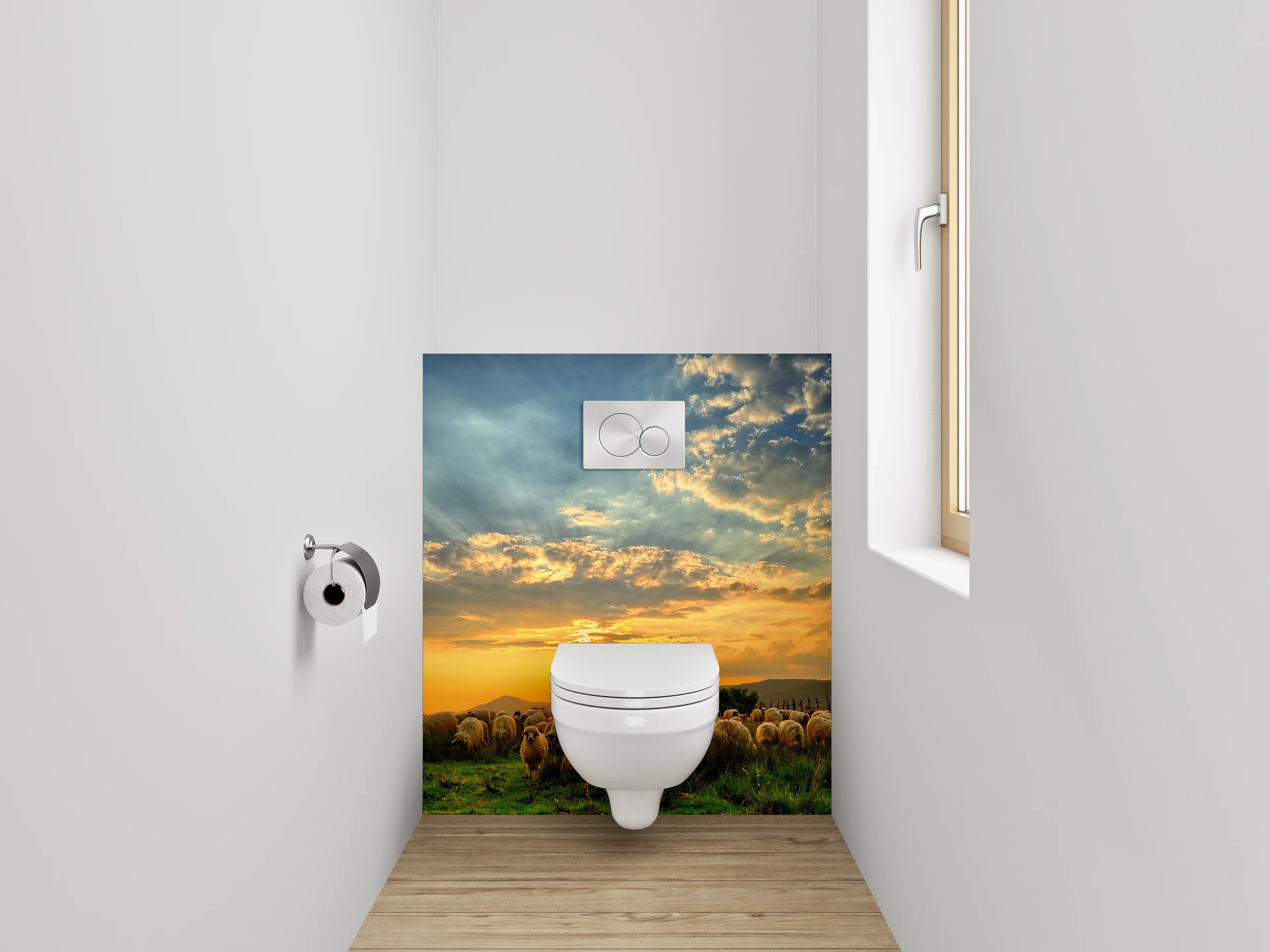 WC-Rückwand - Schafe auf der Weide bei Sonnenuntergang