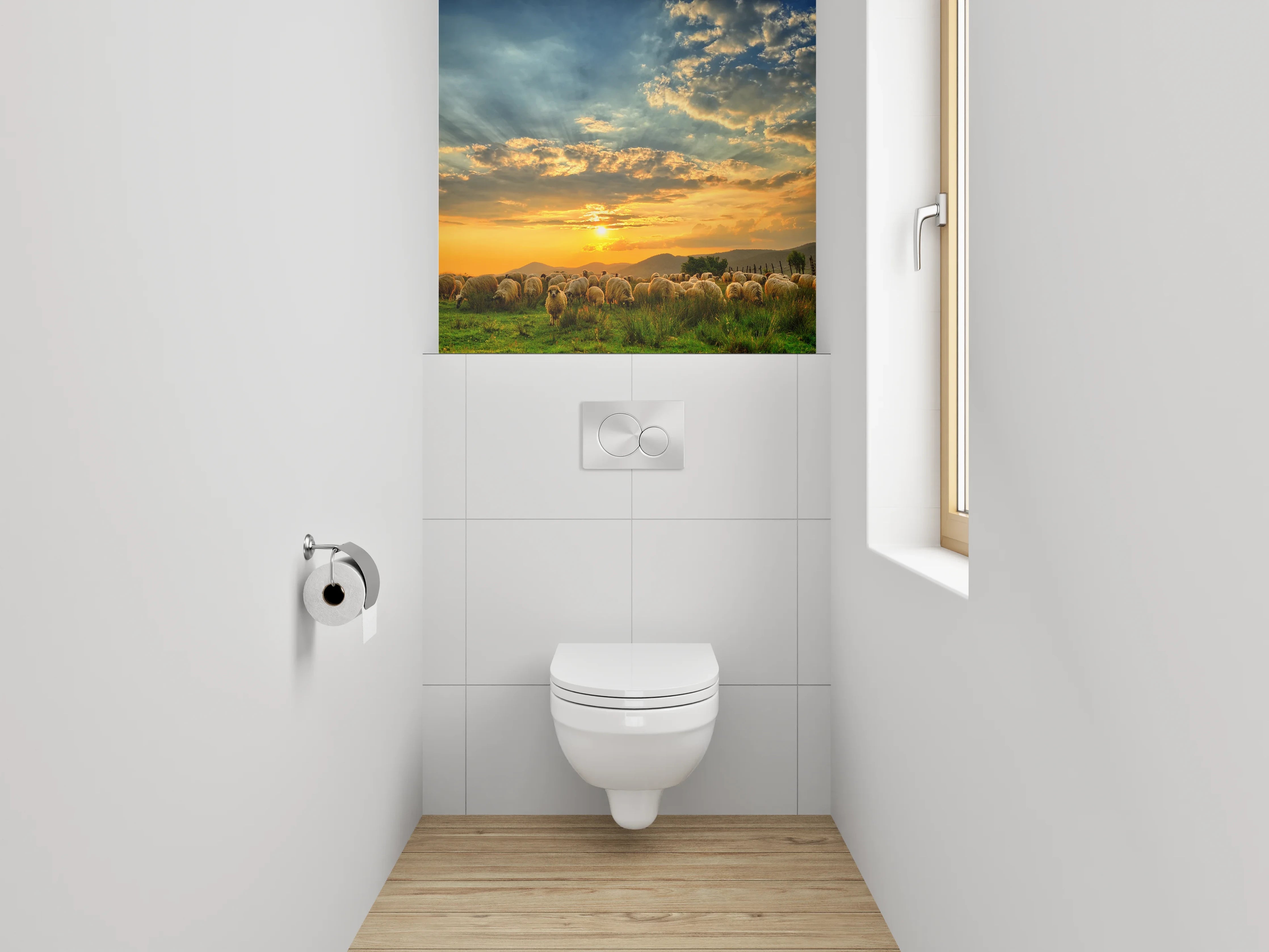 WC-Rückwand - Schafe auf der Weide bei Sonnenuntergang
