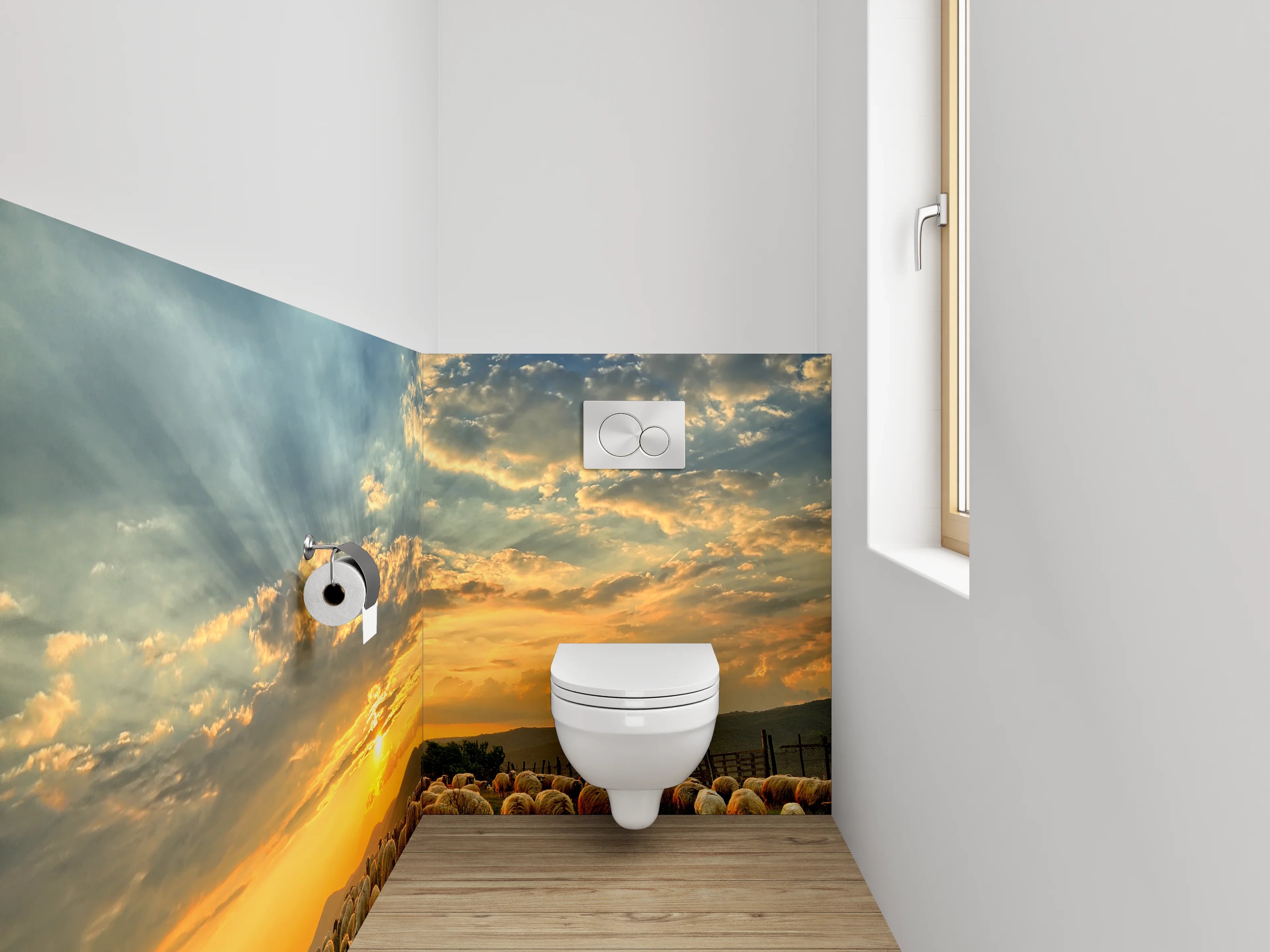 WC-Rückwand - Schafe auf der Weide bei Sonnenuntergang
