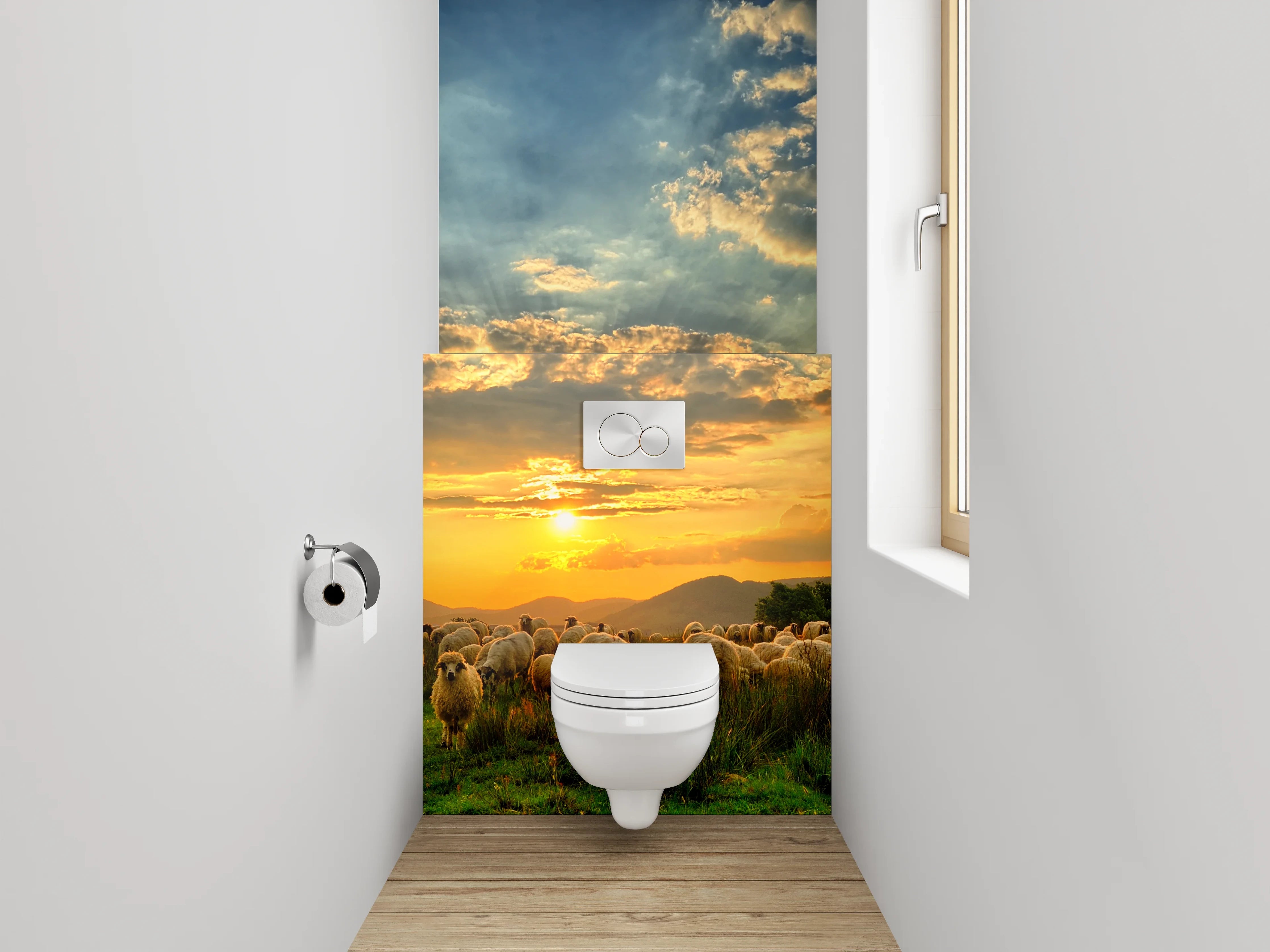 WC-Rückwand - Schafe auf der Weide bei Sonnenuntergang