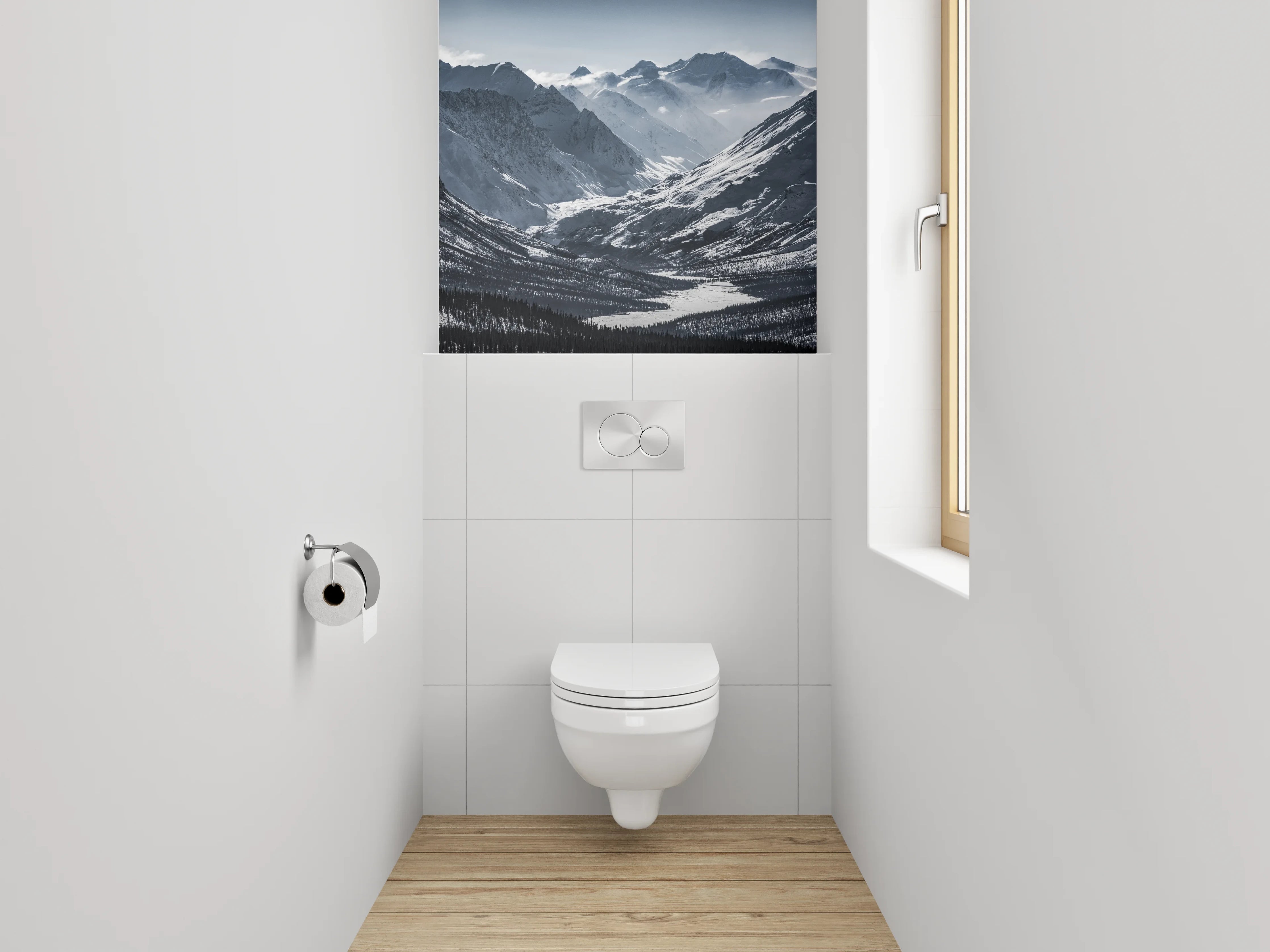 WC-Rückwand - Schneebedeckte Berge Panorama Schwarz-Weiß