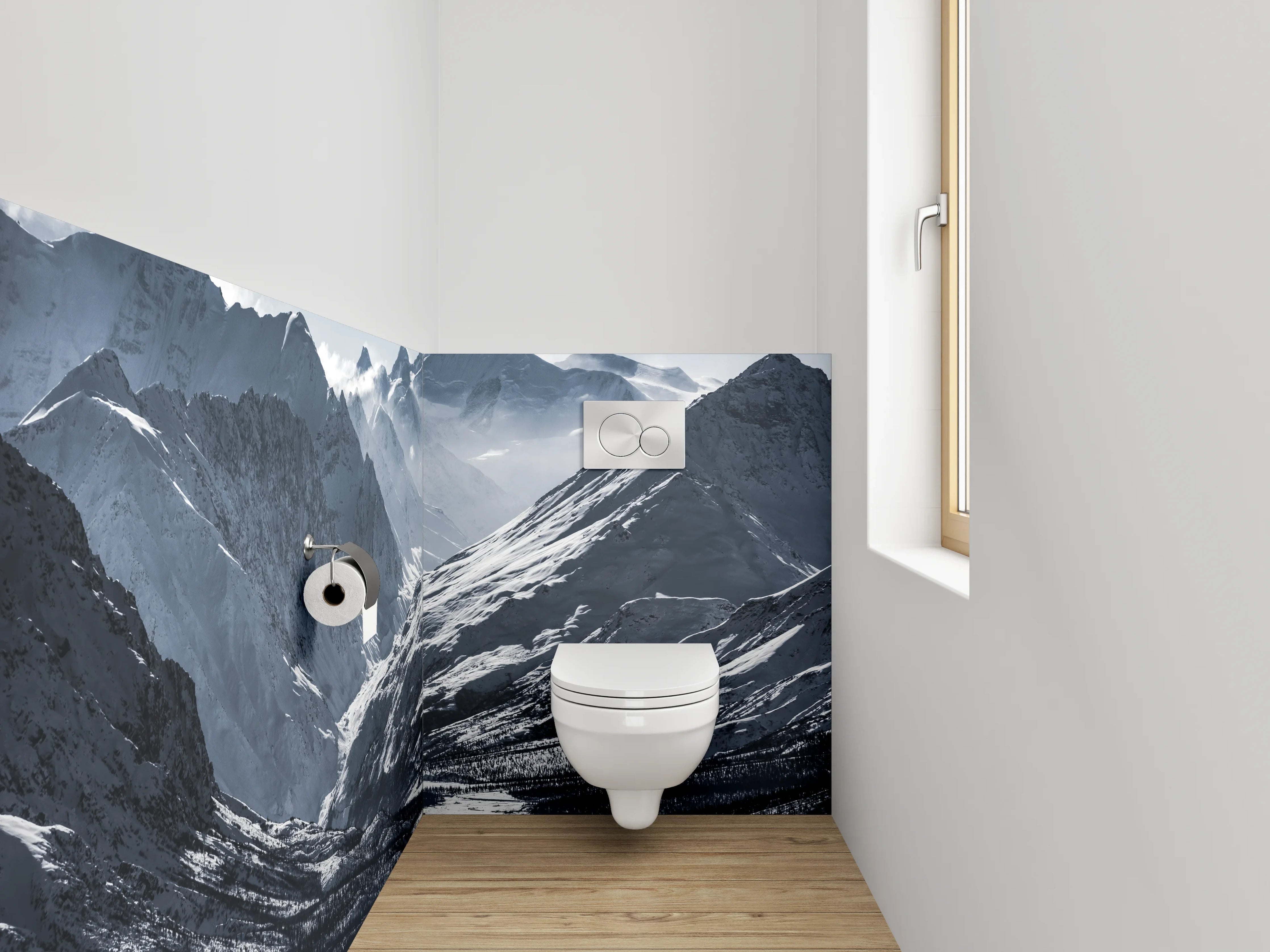 WC-Rückwand - Schneebedeckte Berge Panorama Schwarz-Weiß