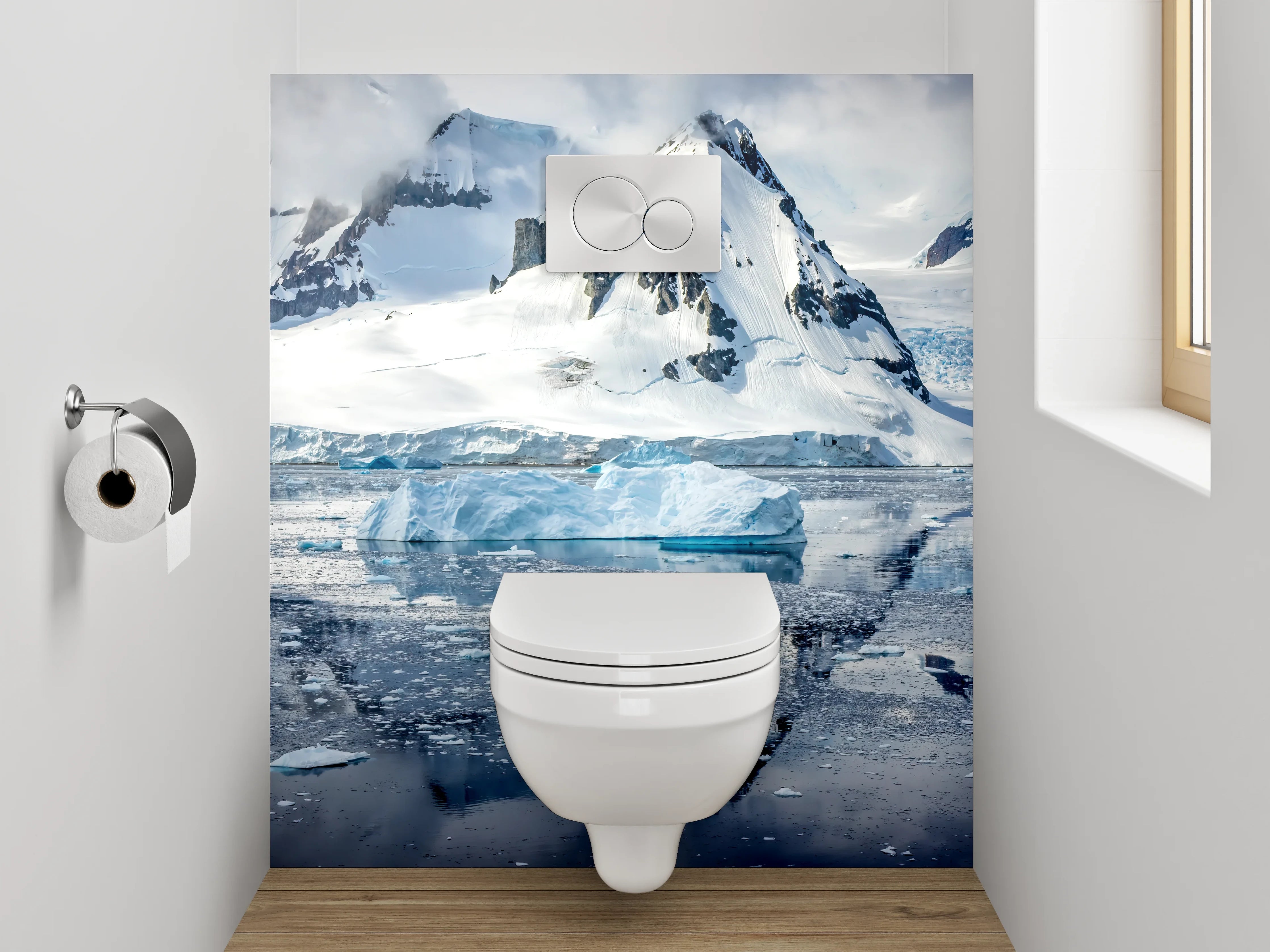 WC-Rückwand - Schneebedeckte Berge und Eislandschaft
