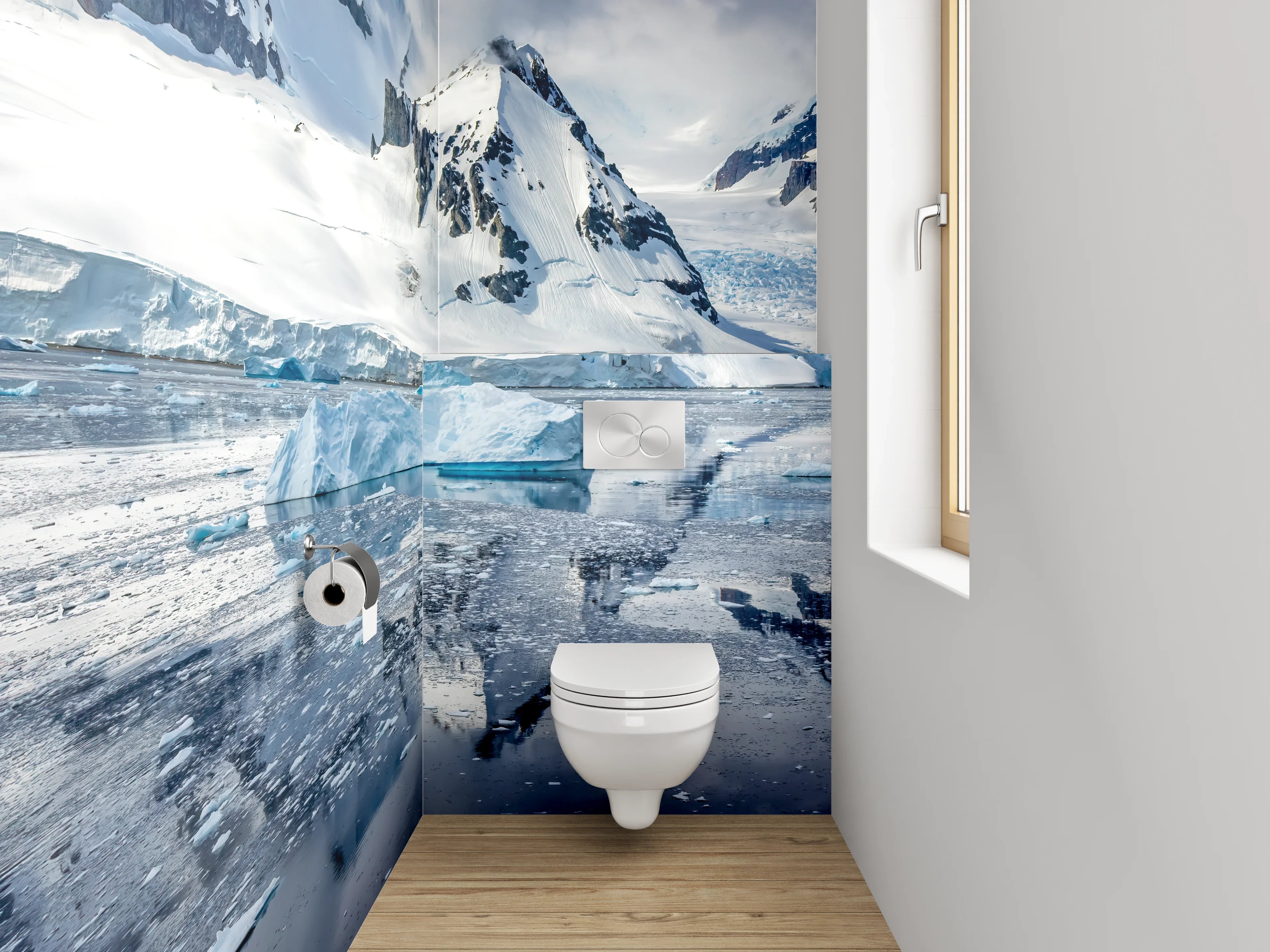 WC-Rückwand - Schneebedeckte Berge und Eislandschaft