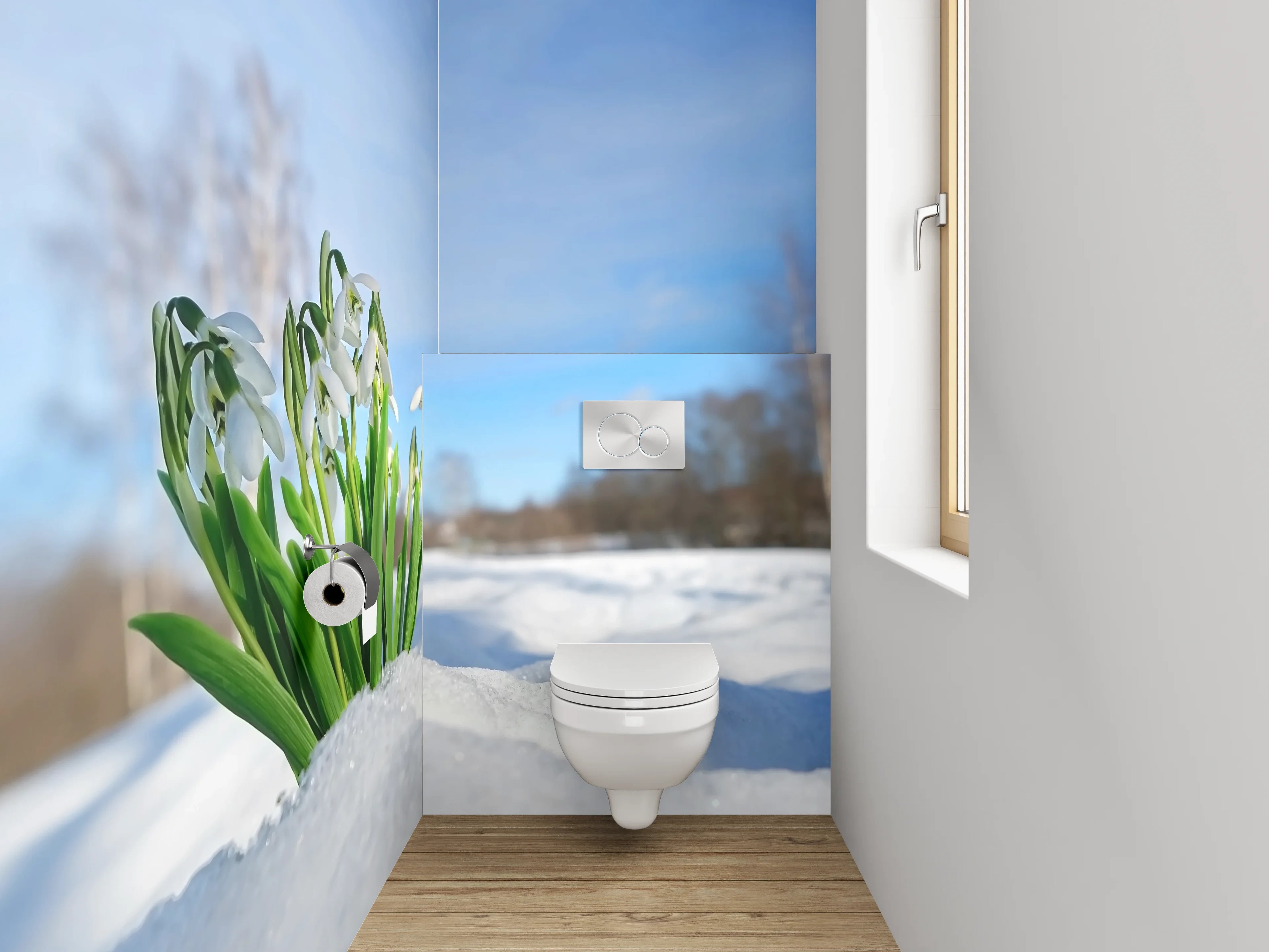 WC-Rückwand - Schneeglöckchen im Schnee unter blauem Himmel