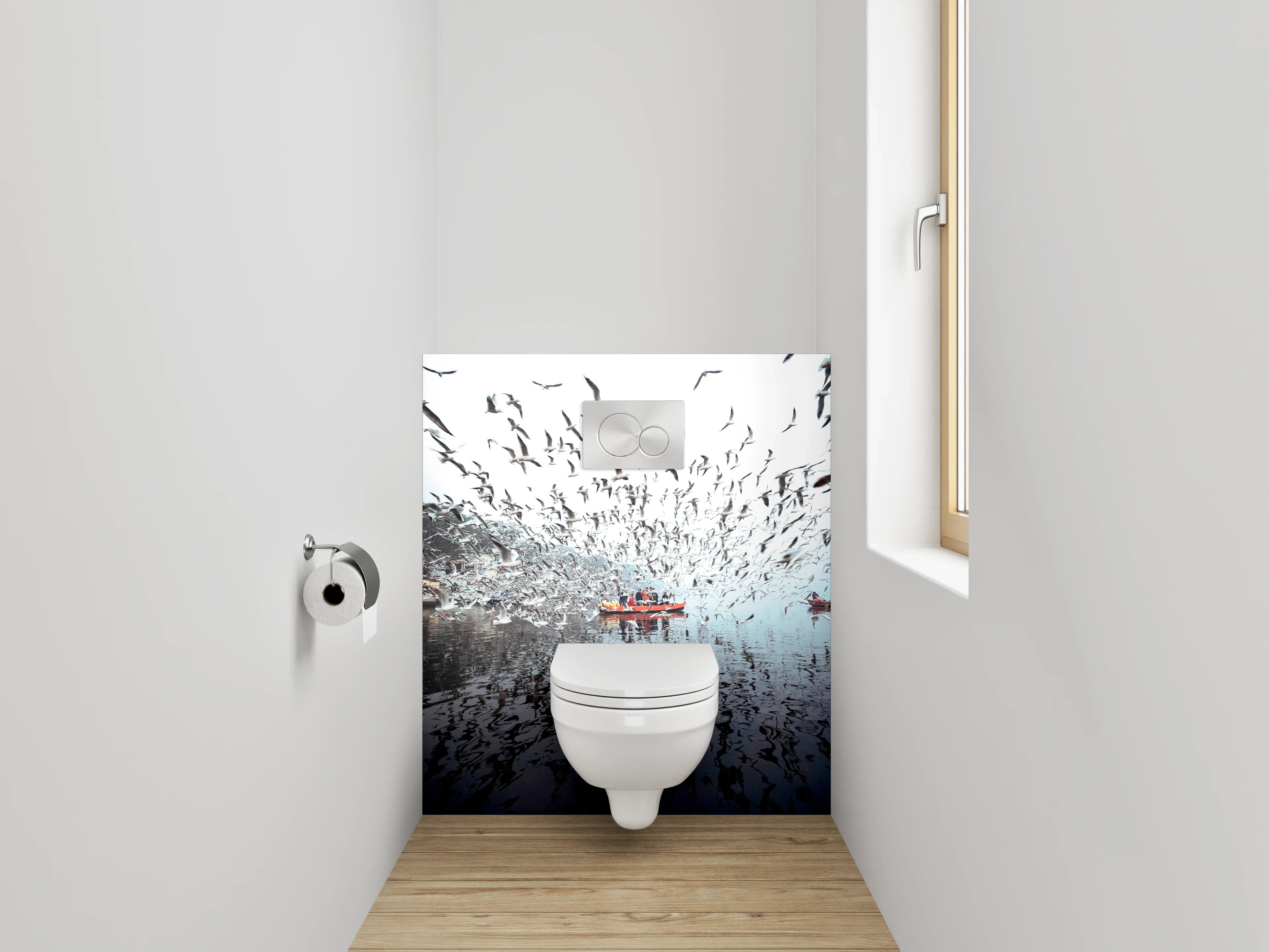 WC-Rückwand - Schwärmende Möwen über Boot am See