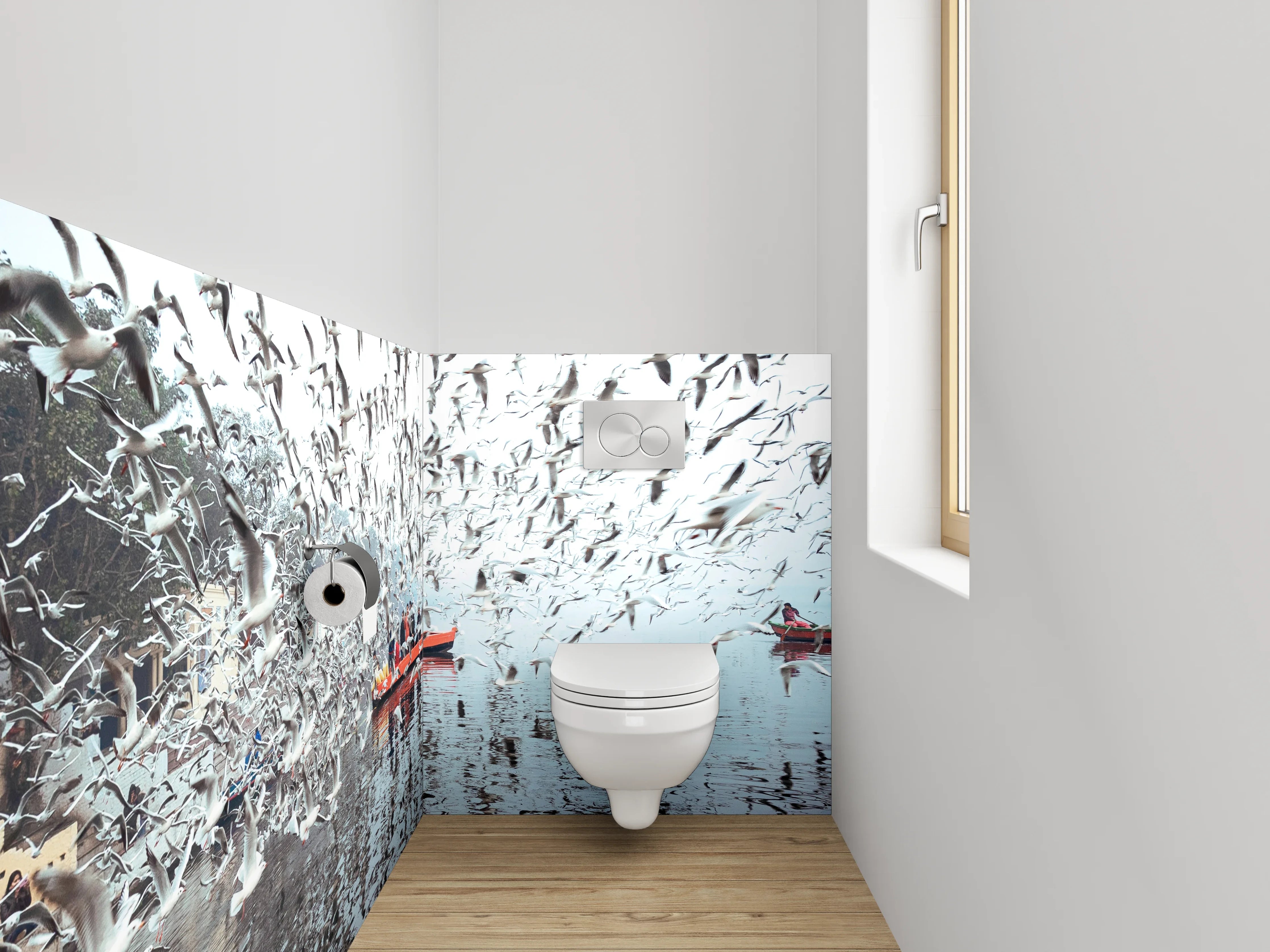WC-Rückwand - Schwärmende Möwen über Boot am See