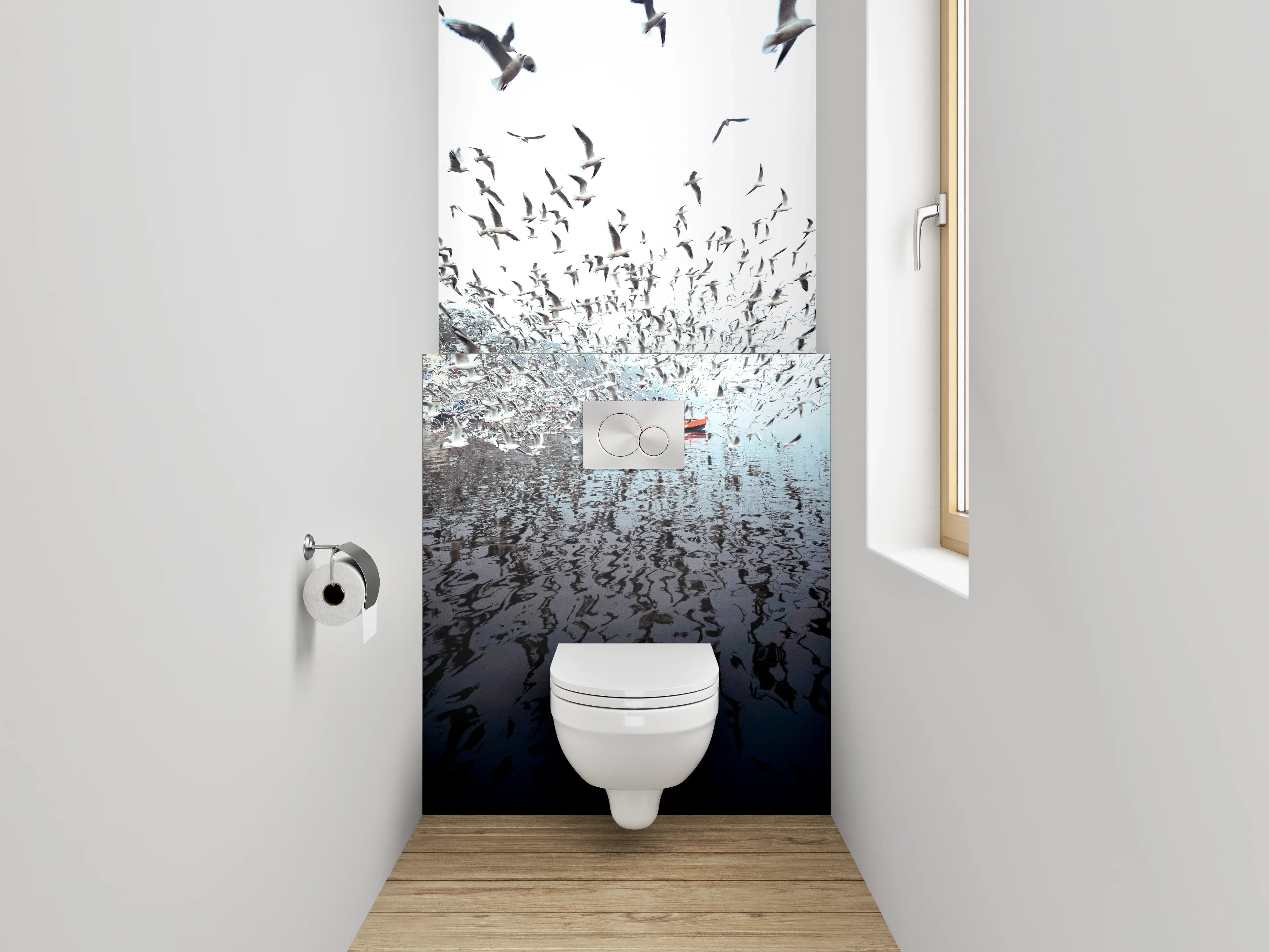 WC-Rückwand - Schwärmende Möwen über Boot am See