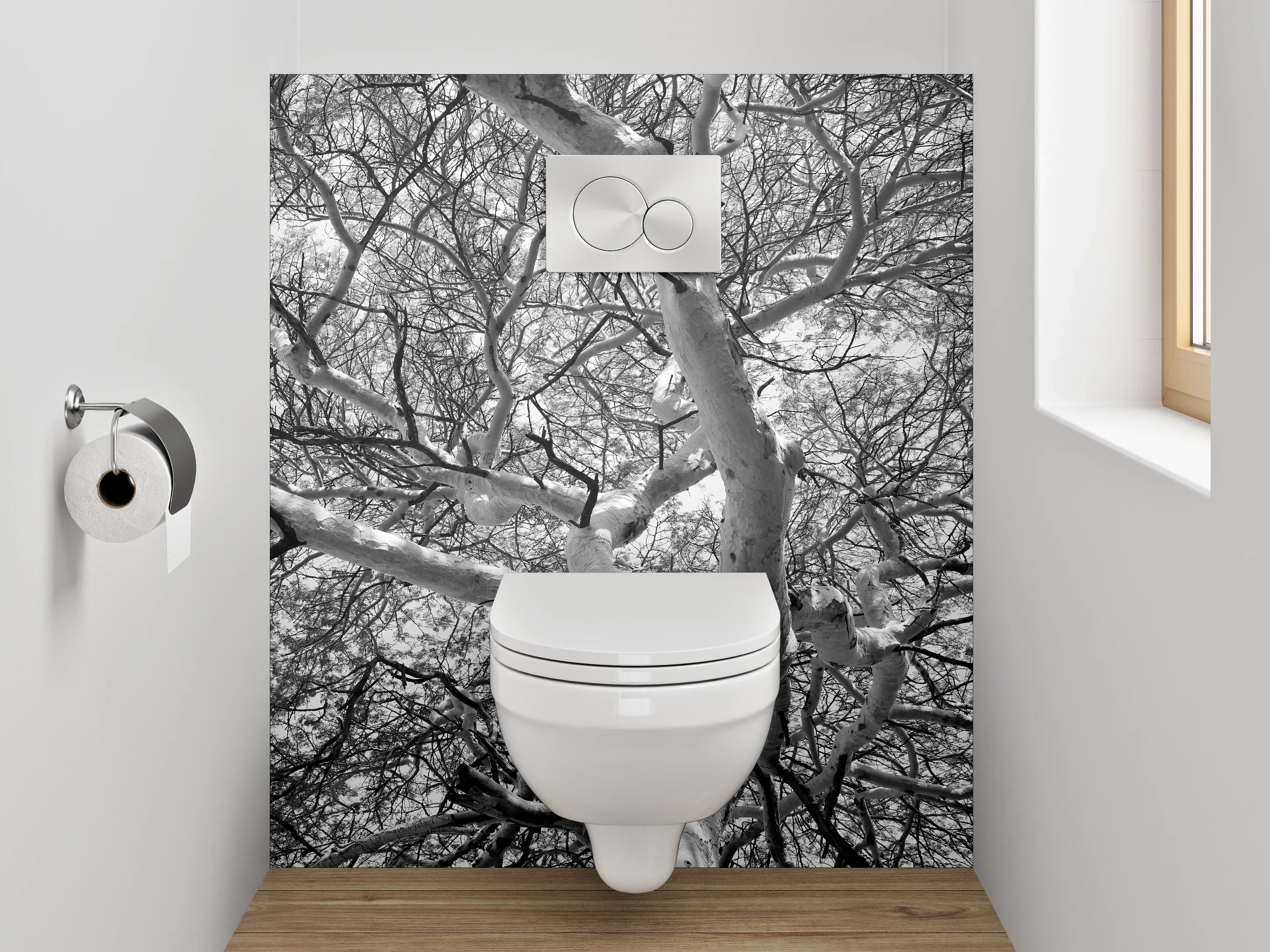 WC-Rückwand - Schwarz-Weiß-Baumgeflecht Fotokunst