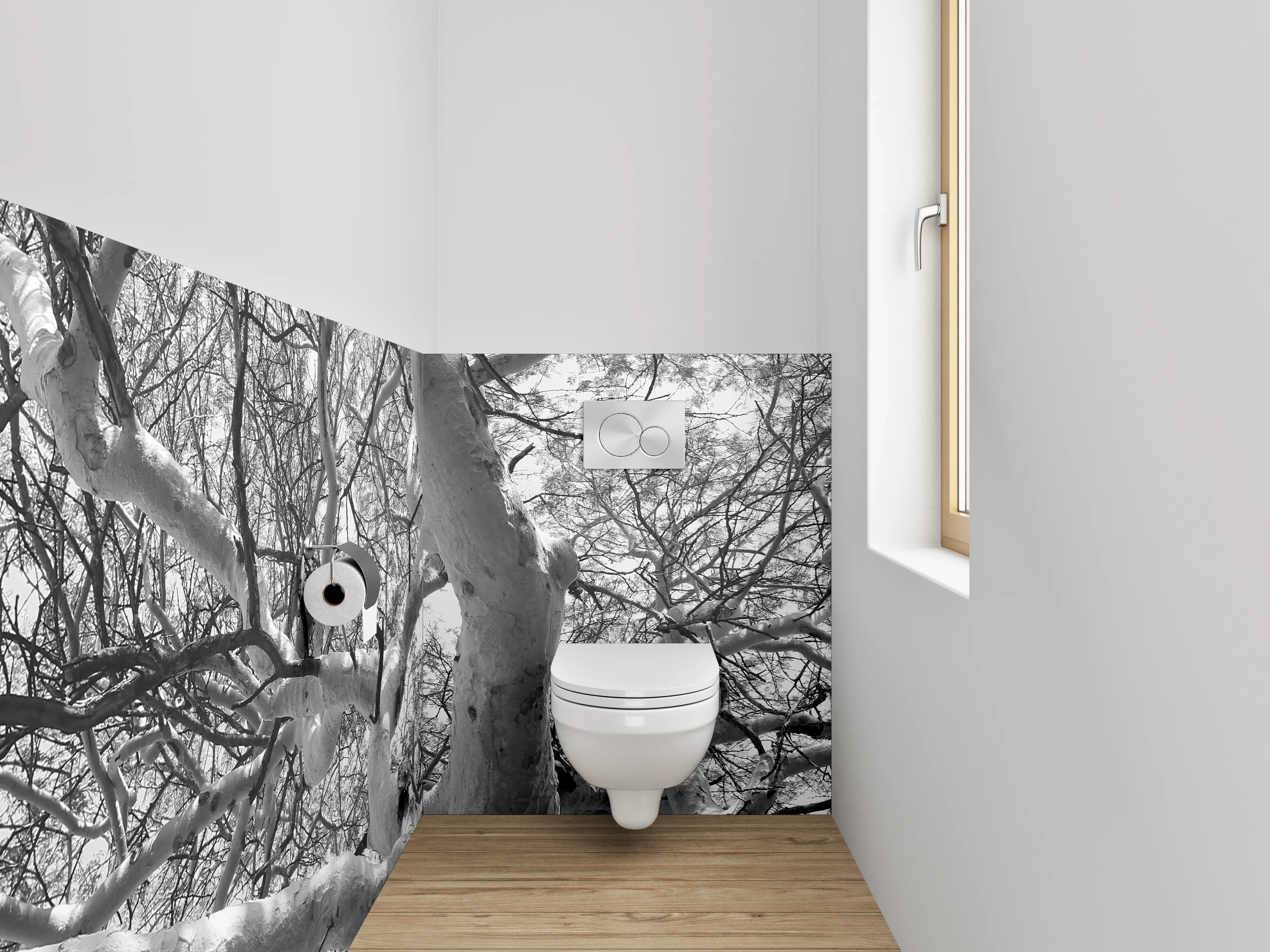WC-Rückwand - Schwarz-Weiß-Baumgeflecht Fotokunst