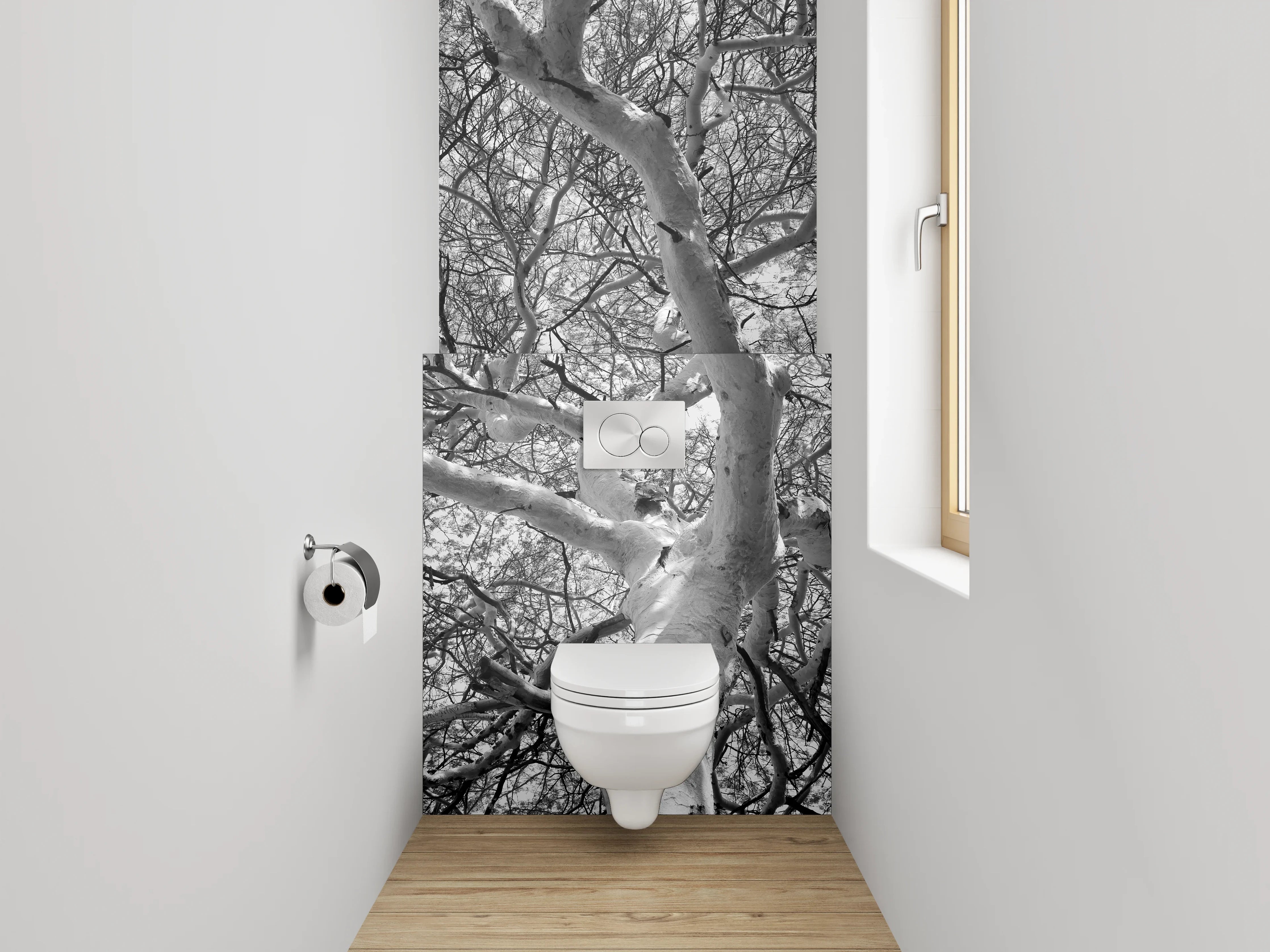 WC-Rückwand - Schwarz-Weiß-Baumgeflecht Fotokunst
