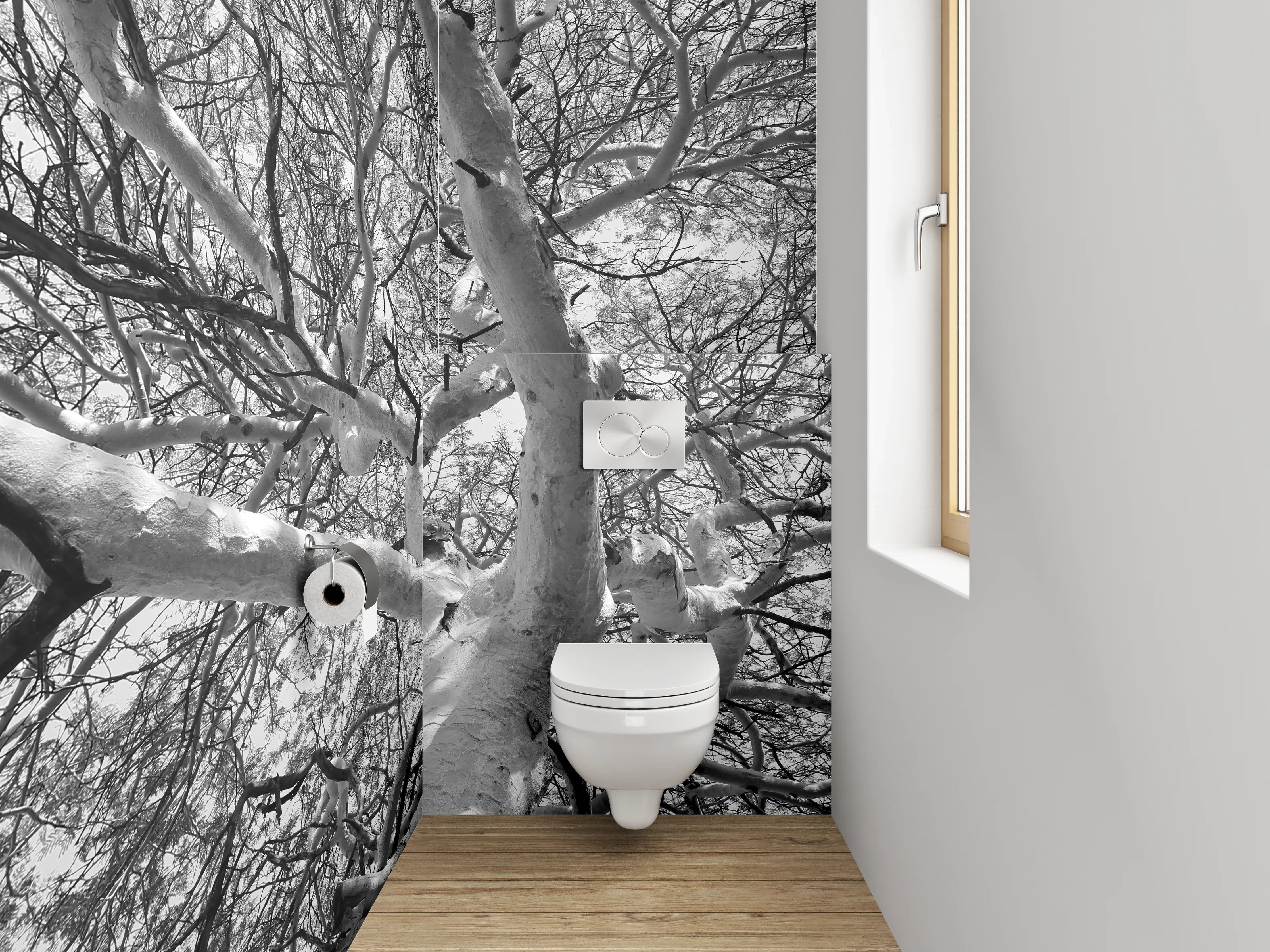 WC-Rückwand - Schwarz-Weiß-Baumgeflecht Fotokunst