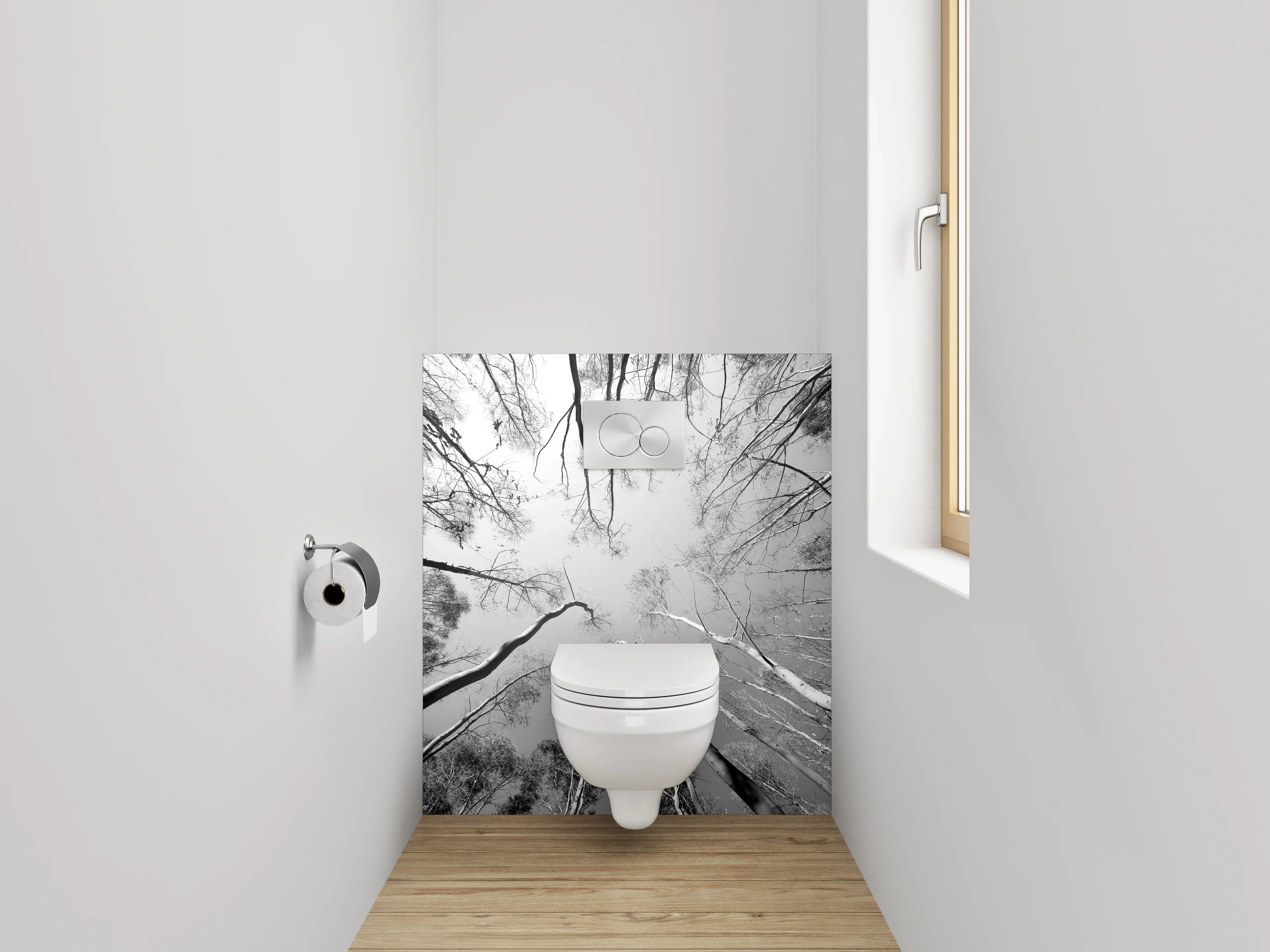 WC-Rückwand - Schwarz-Weiß Baumwipfelperspektive